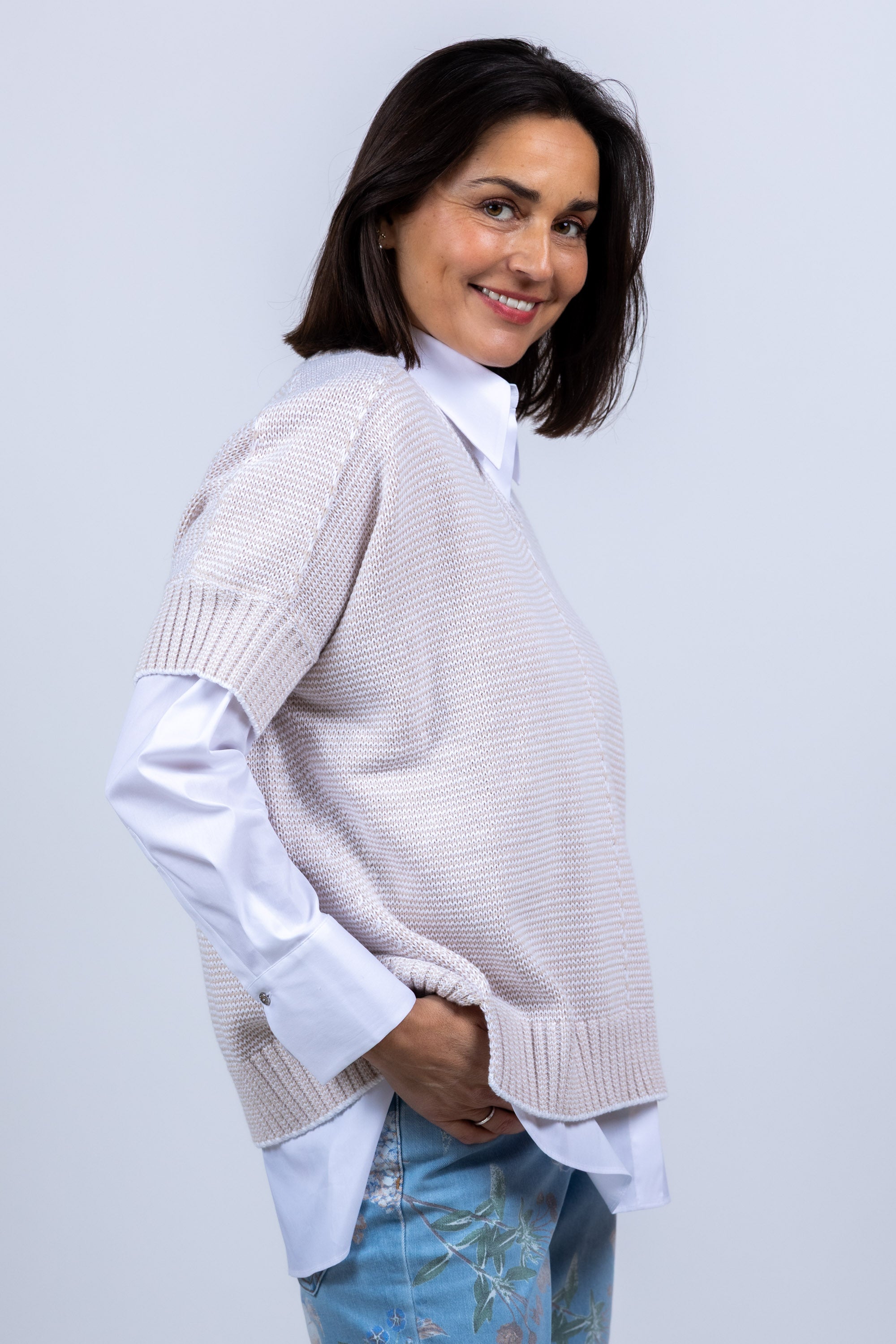Gebreide trui met V-hals - Beige
