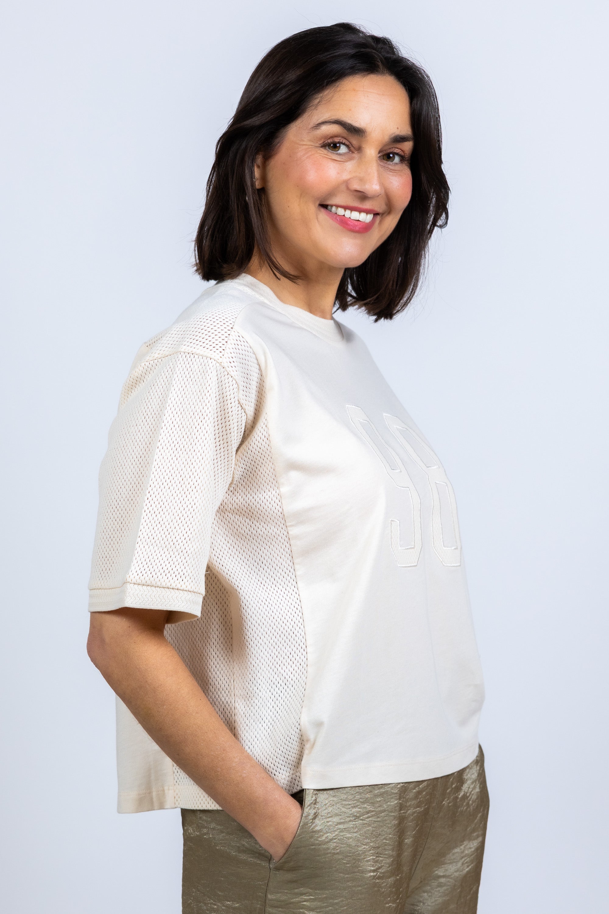 T-shirt met mesh - Ecru