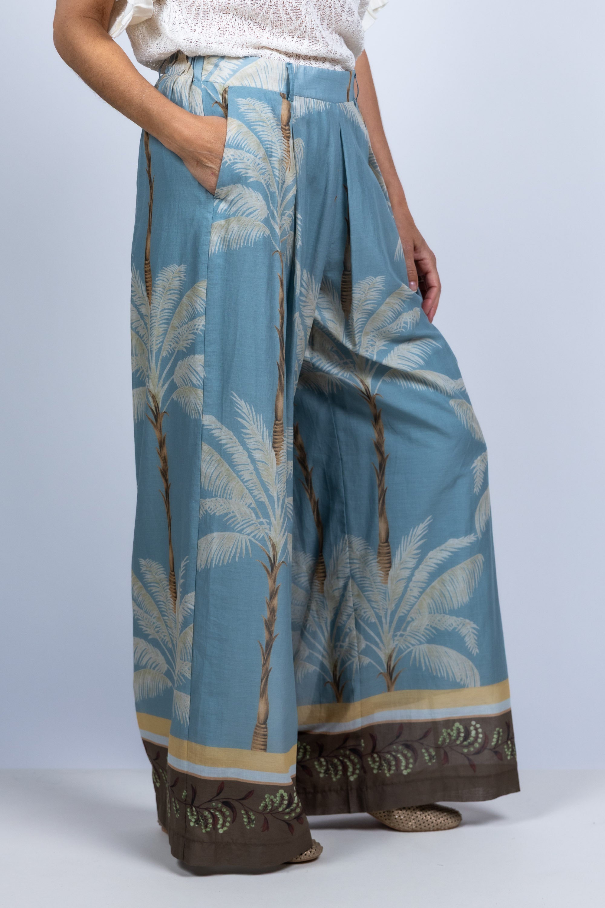 Wijde broek met print - Bleu
