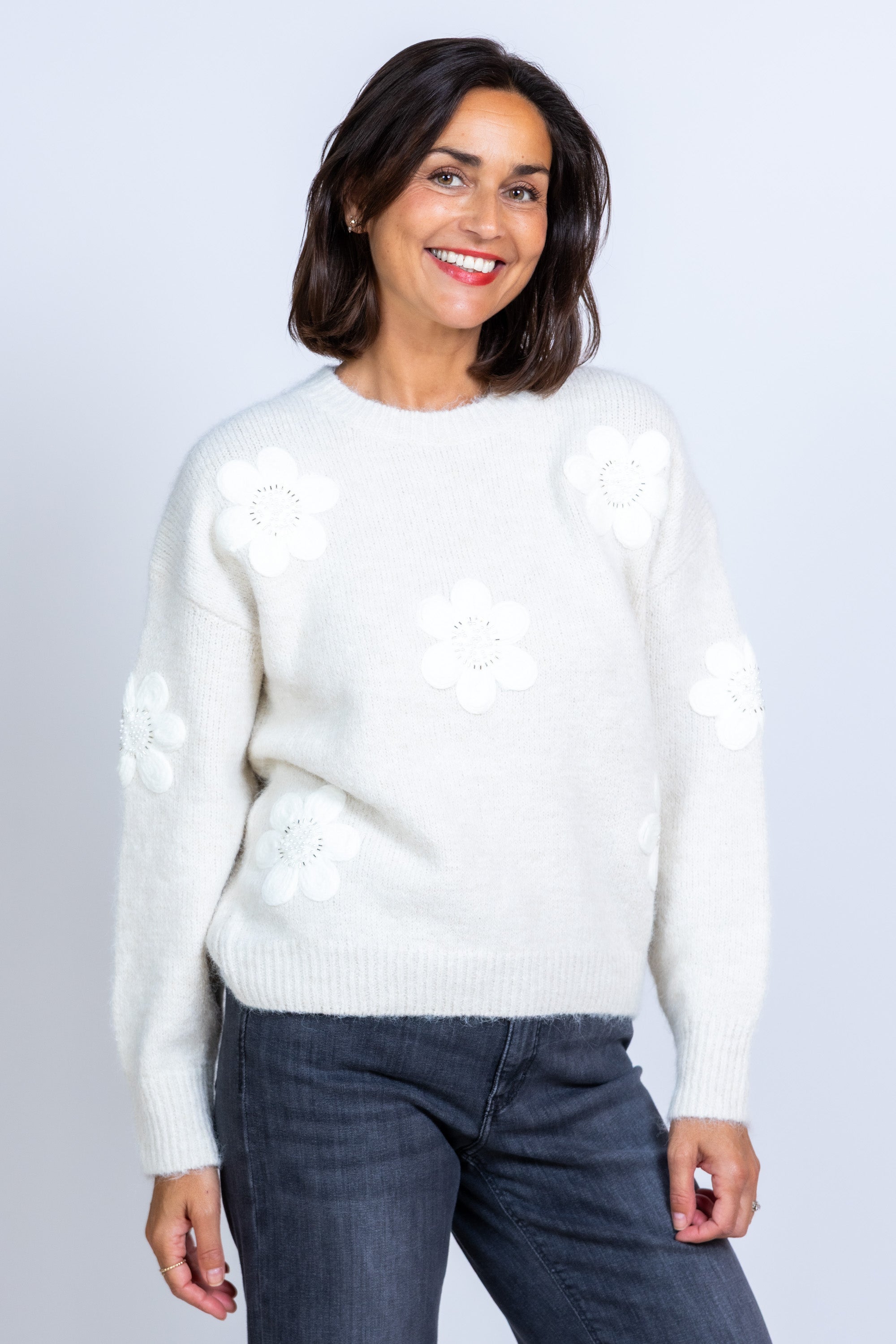 Trui met bloemmotief - Ecru