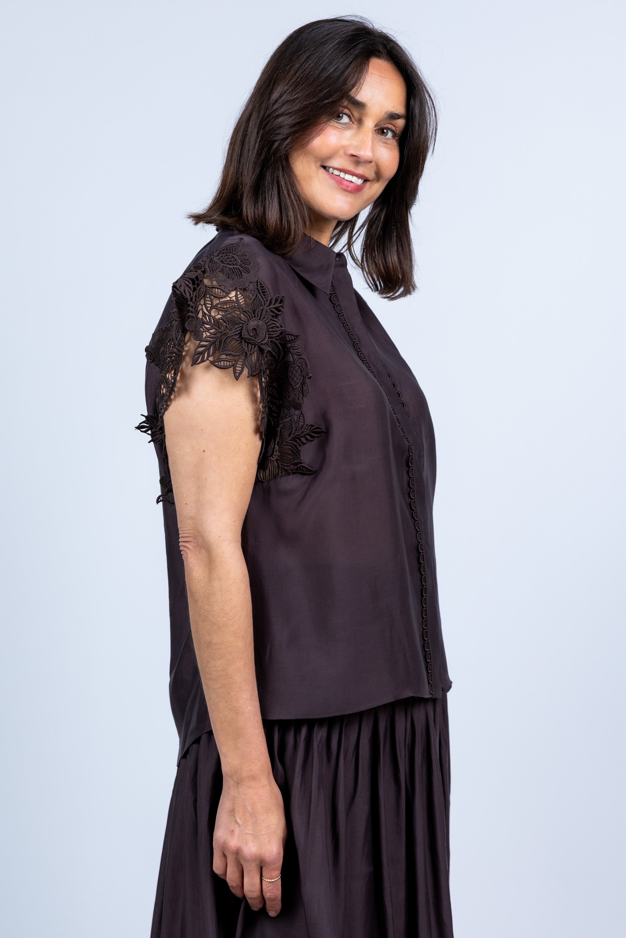 Blouse met kant - Bruin