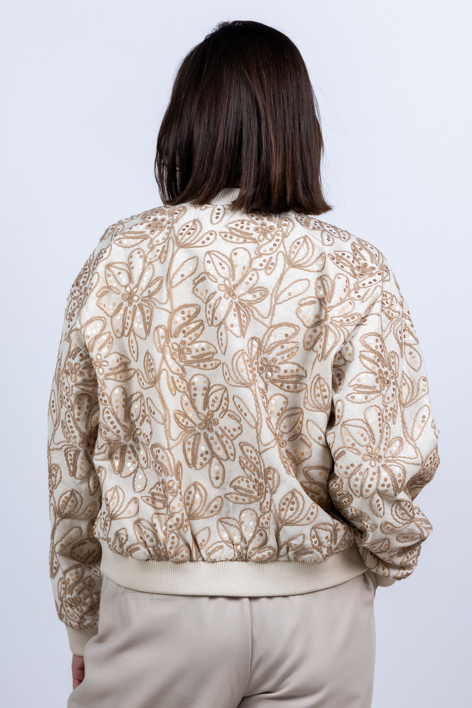 Bomberjack met bloemen - Licht taupe