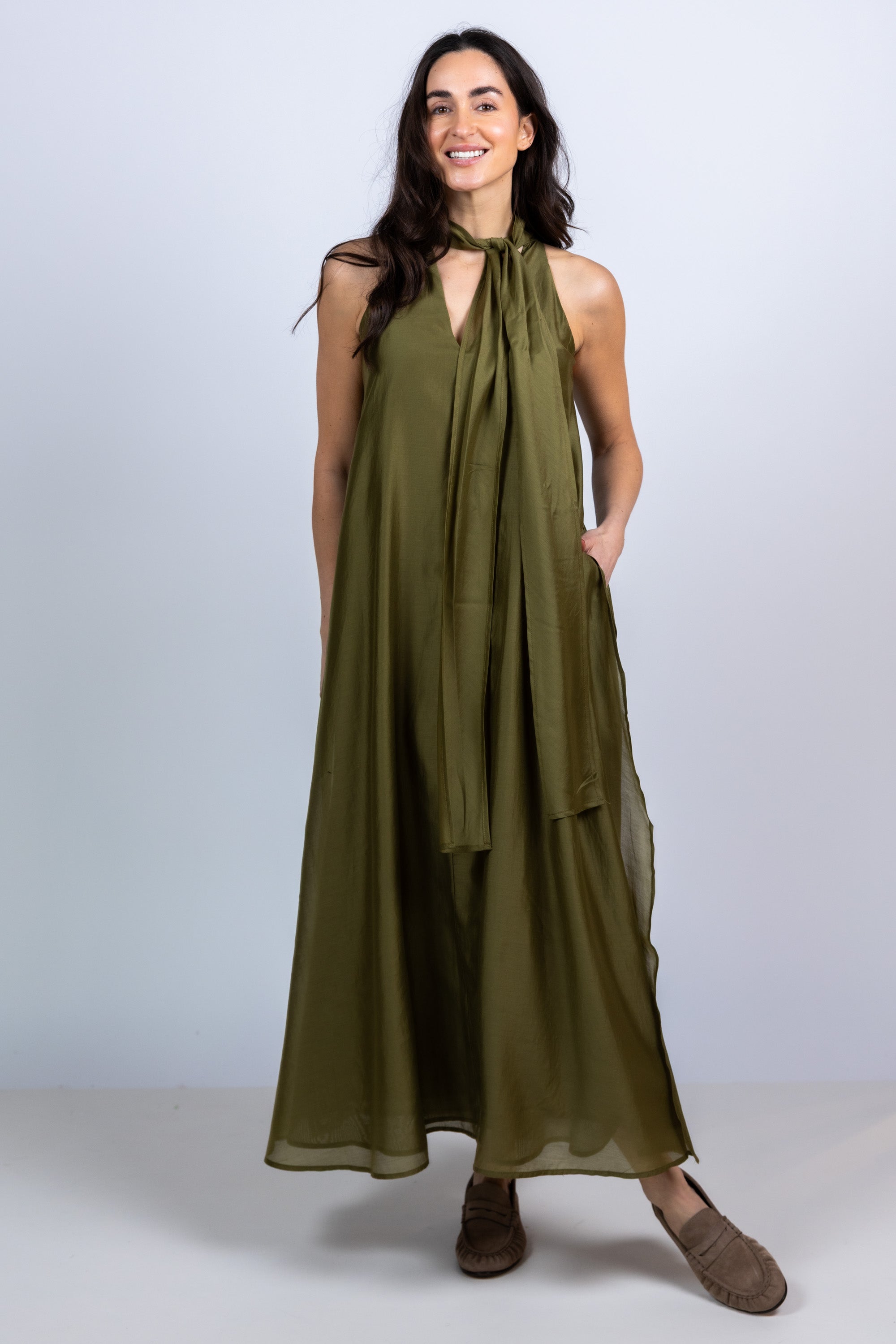 Maxi jurk met strik - Khaki