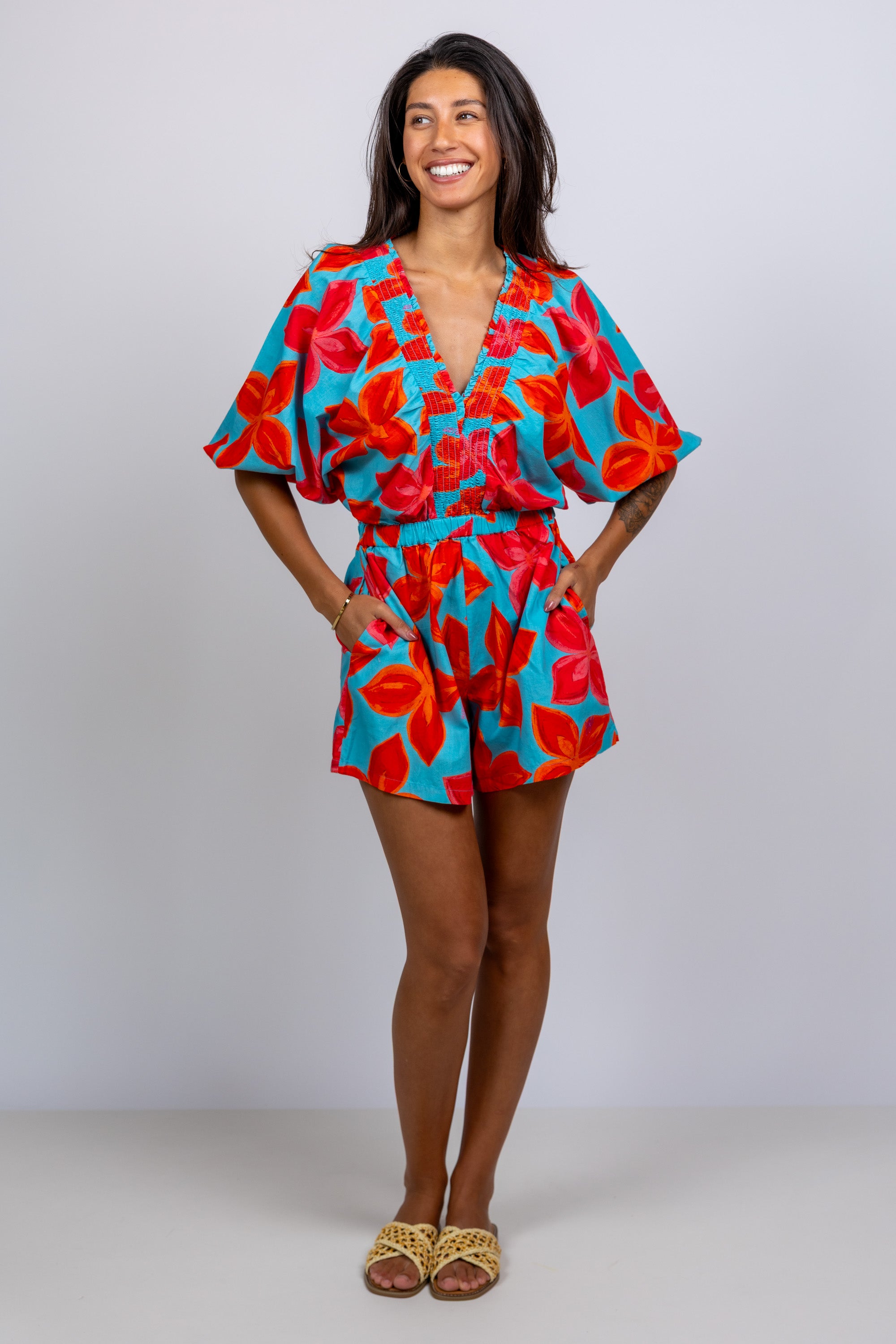 Jumpsuit met bloemen - Aqua