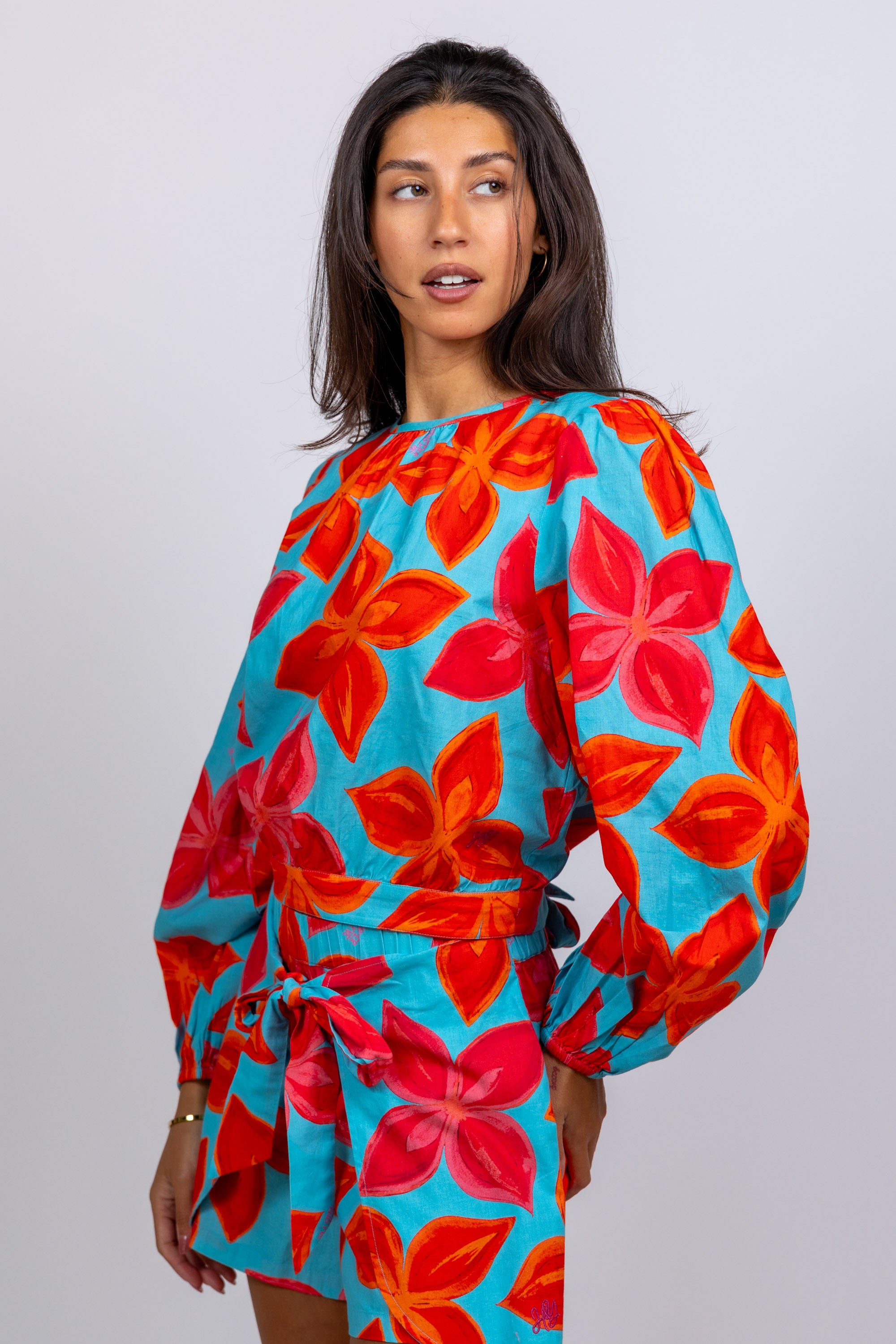 Blouse met bloemenprint - Aqua
