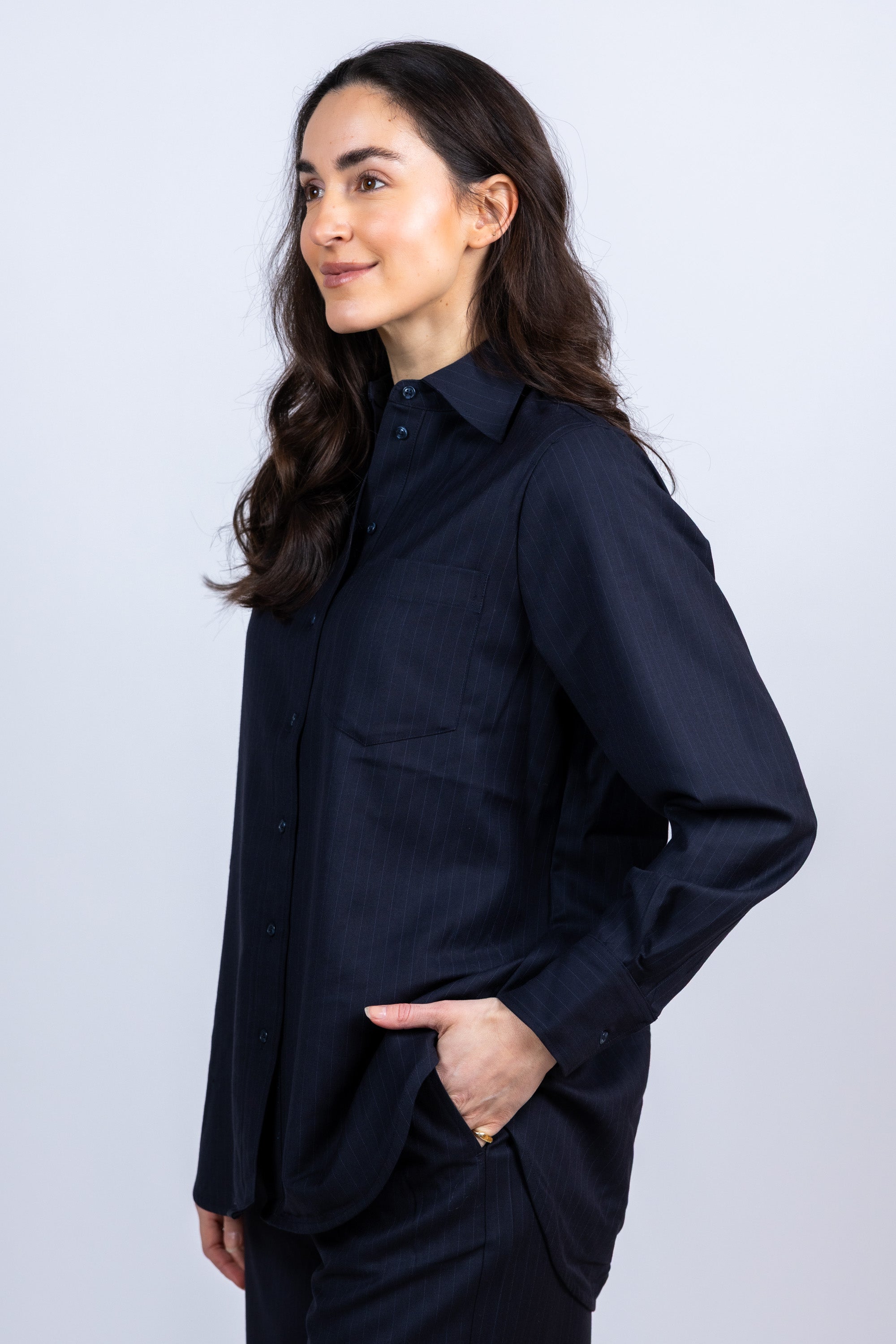 Krijtstreep blouse met knopen - Marine