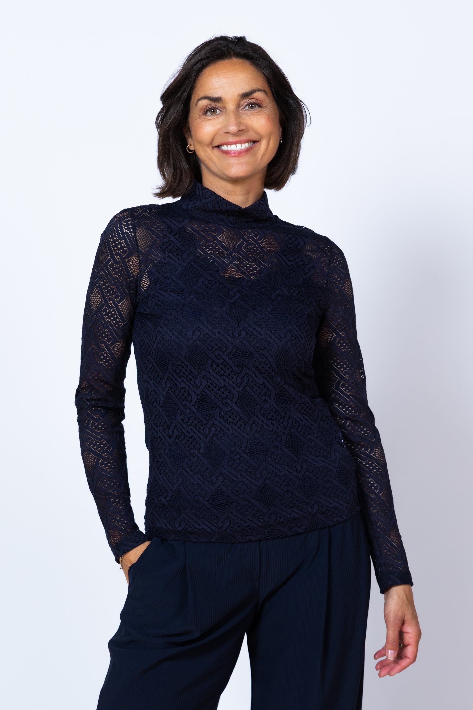 Shirt met kanten patroon - Marine