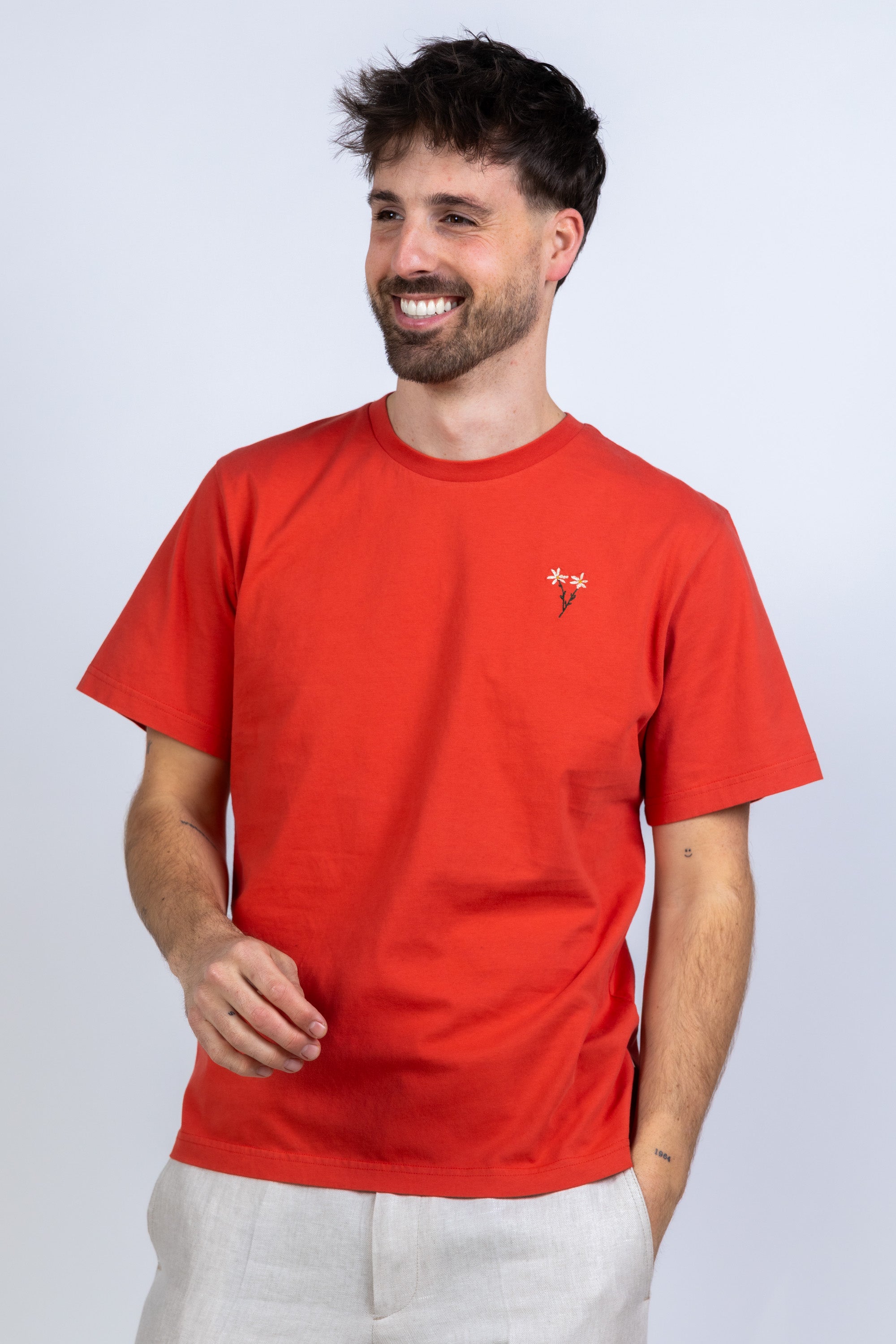 T-shirt met borduring - Koraalrood