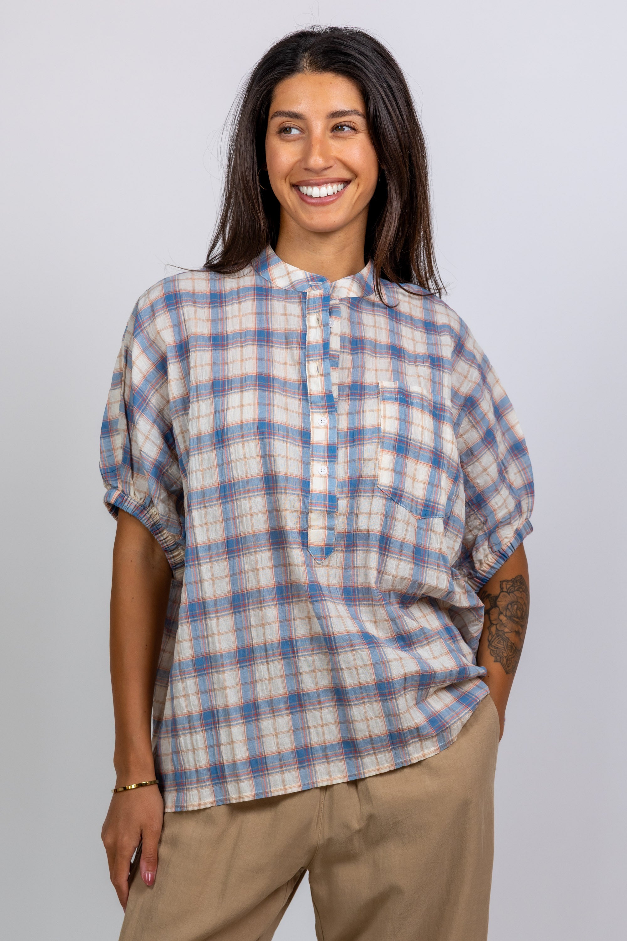 Blouse met ruitpatroon - Bleu