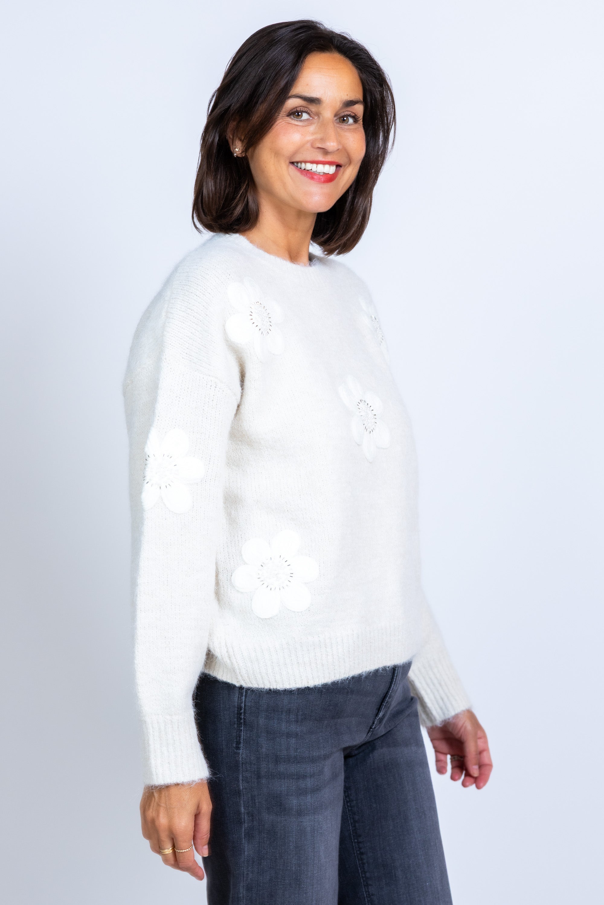 Trui met bloemmotief - Ecru