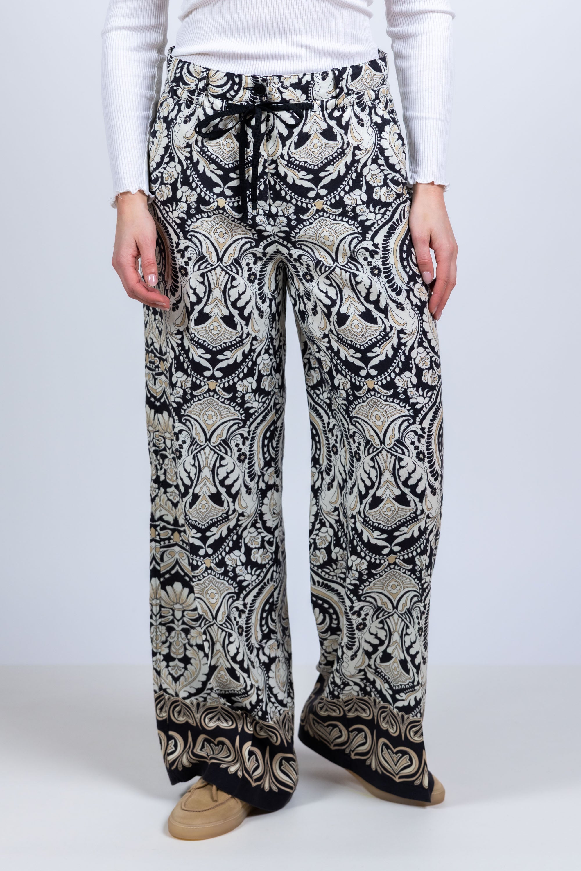Wijde broek met print - Zwart