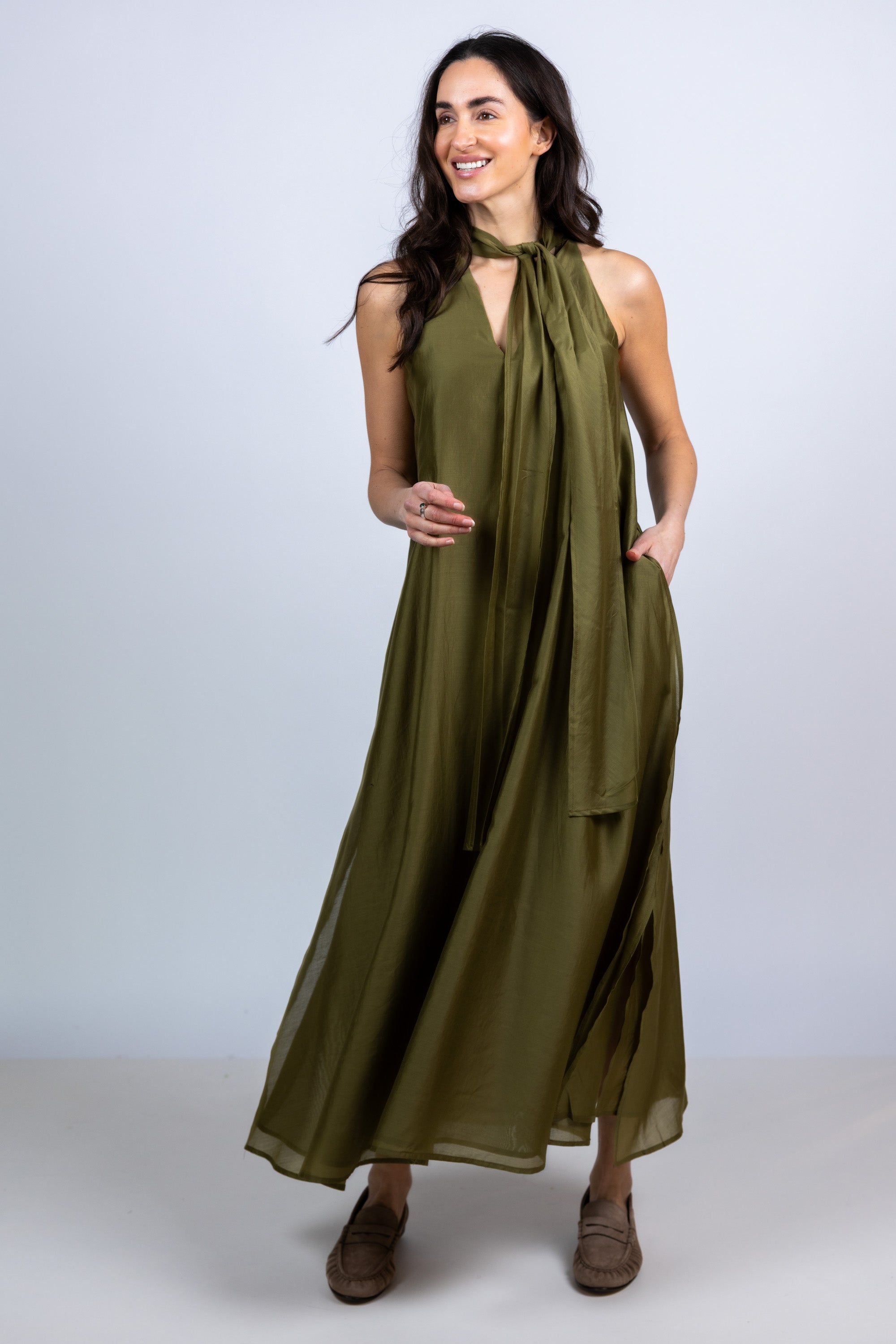 Maxi jurk met strik - Khaki