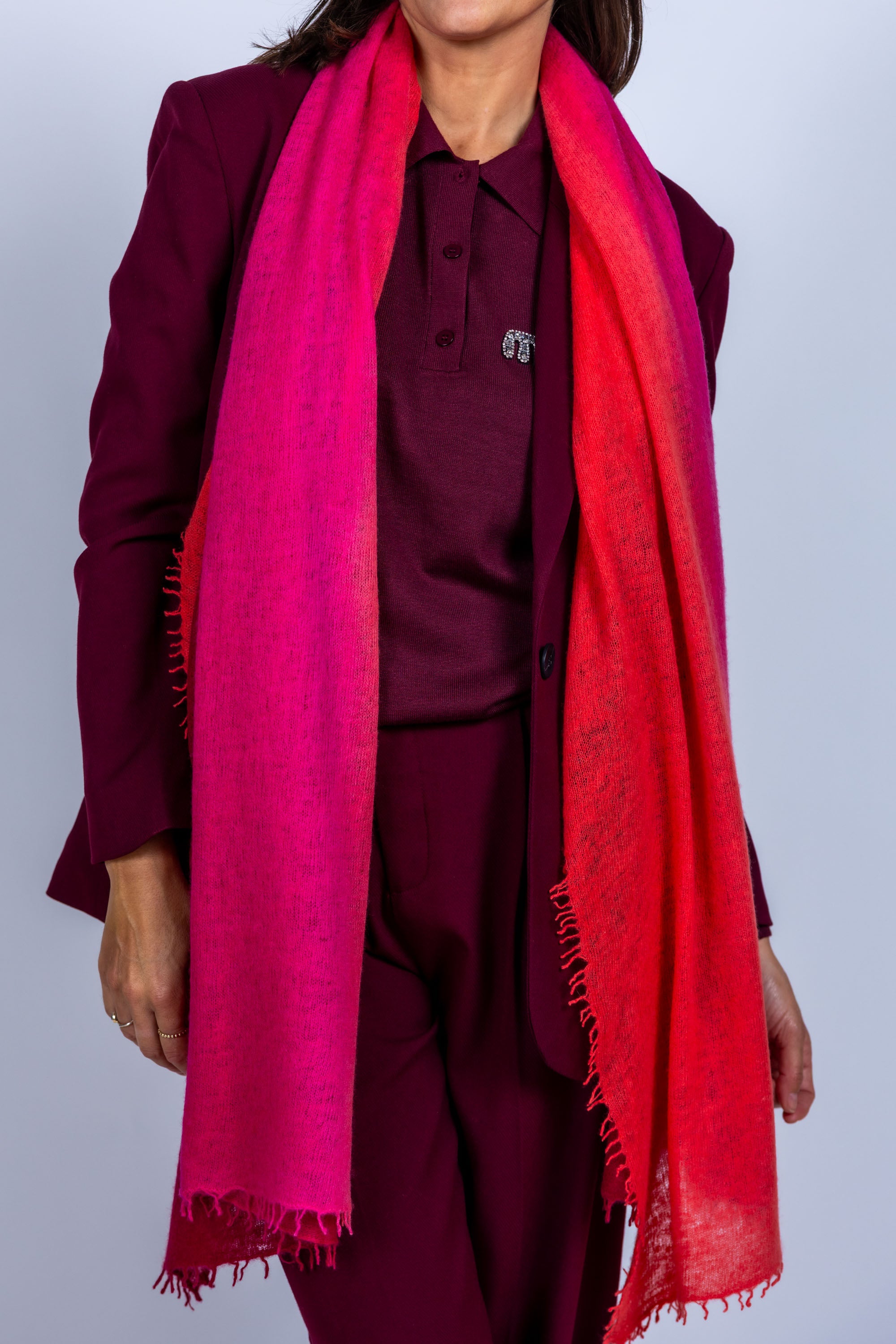Cashmere sjaal met franjes - Donkerbordeaux