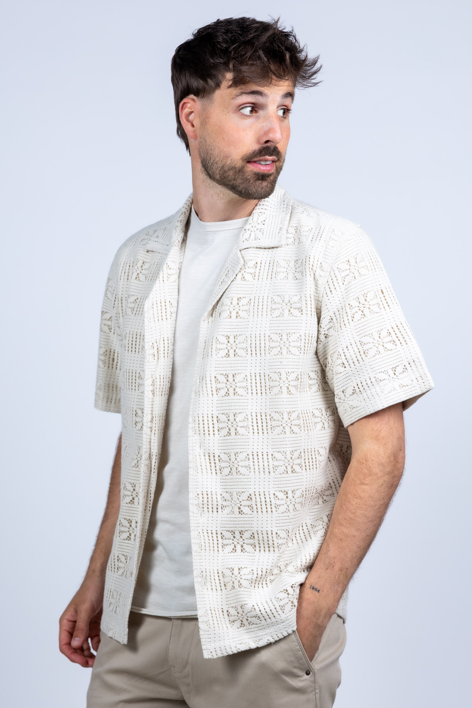 Shirt met opengewerkt patroon - Ecru