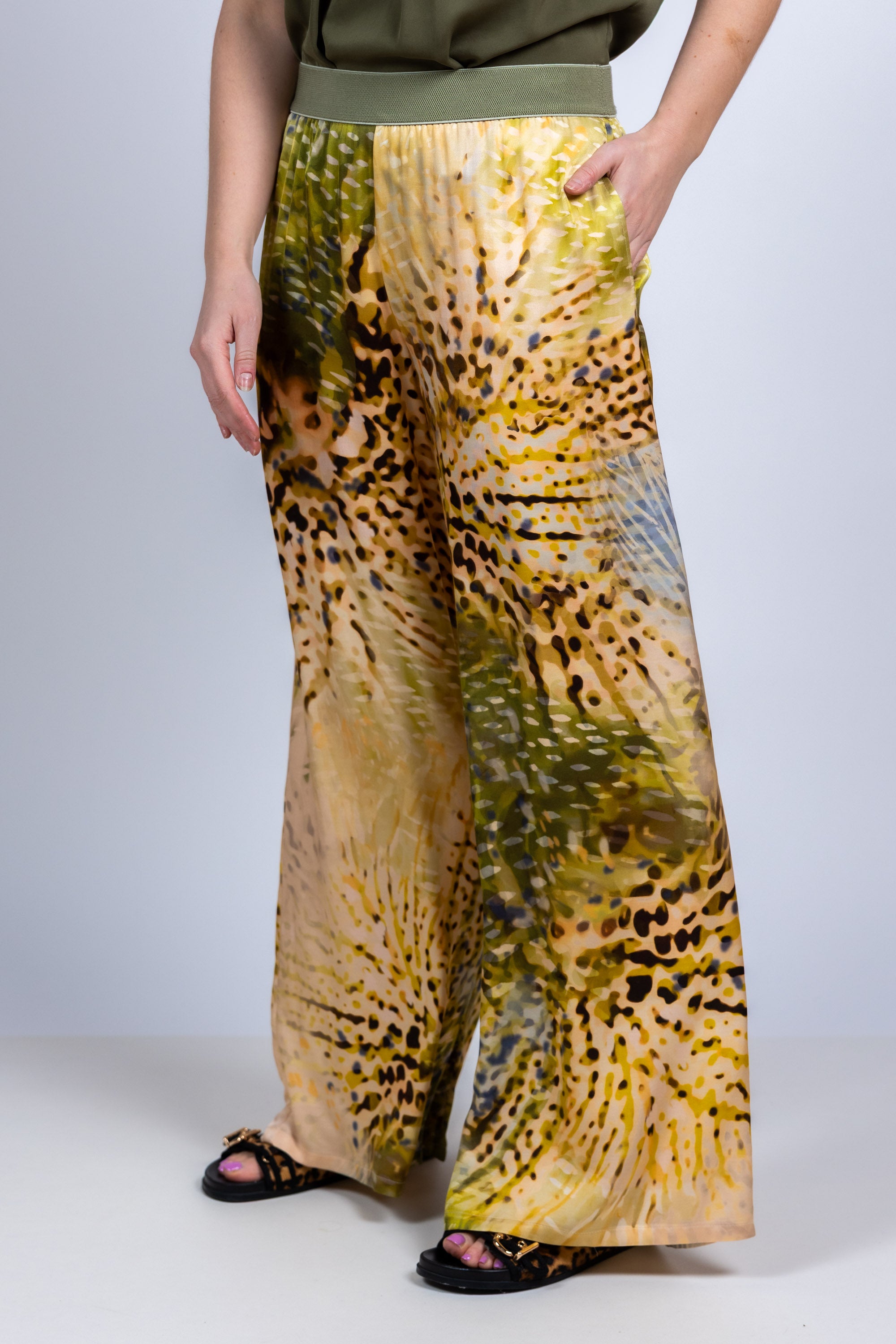 Wijde broek met print - Olijfgroen