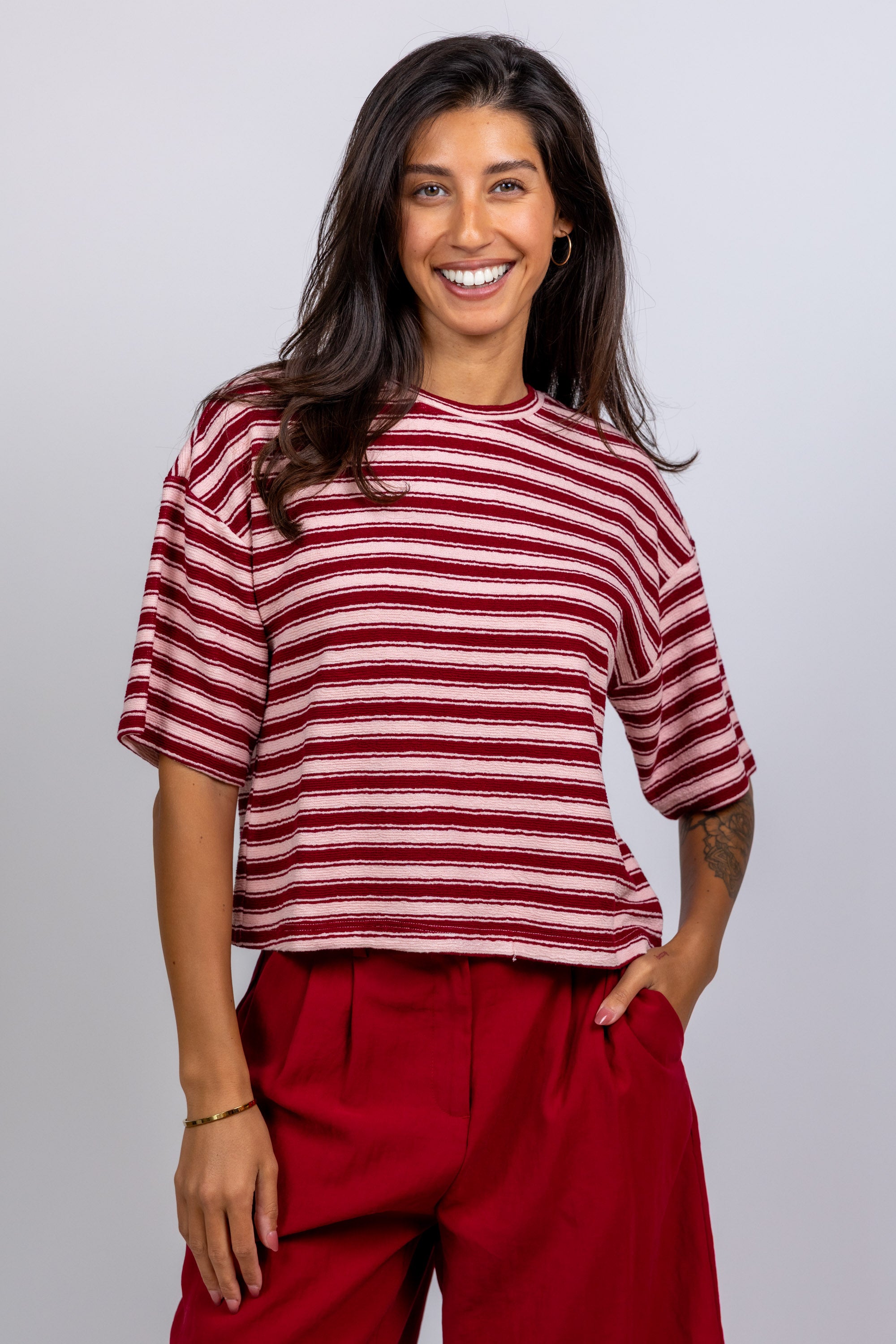 T-shirt met strepen - Donkerbordeaux