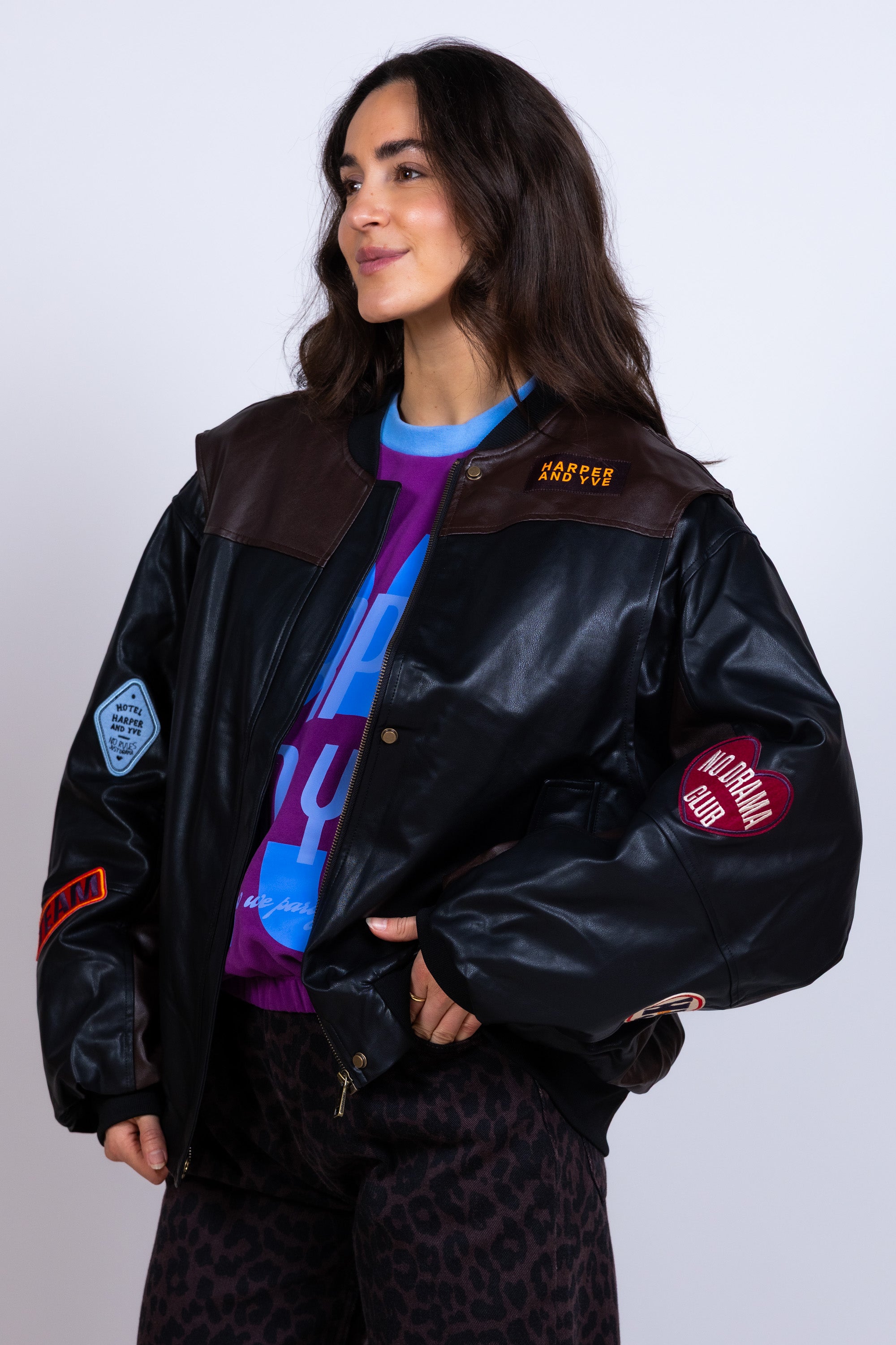 Leren bomberjack met patches - Zwart