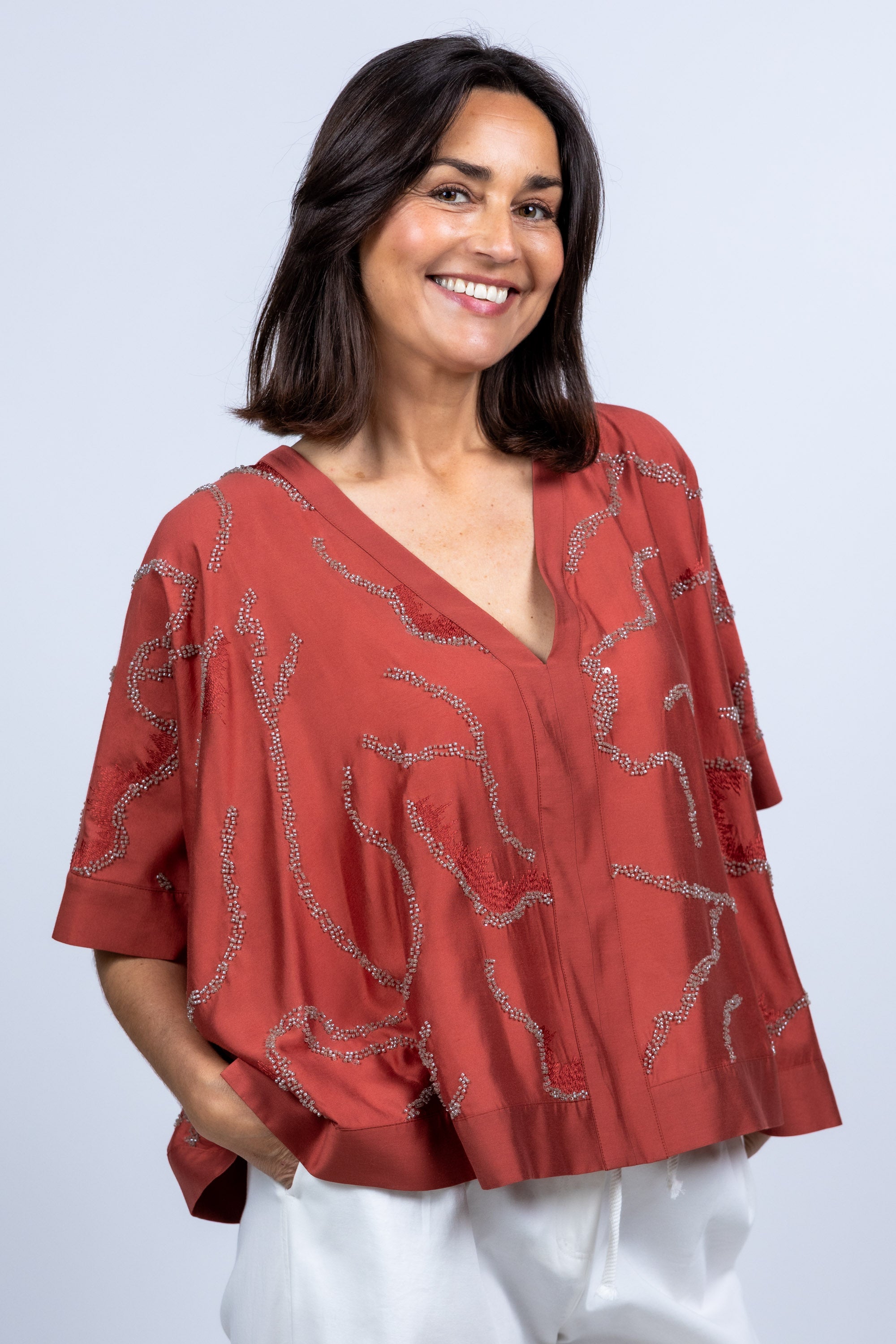Blouse met pailletten - Steenrood