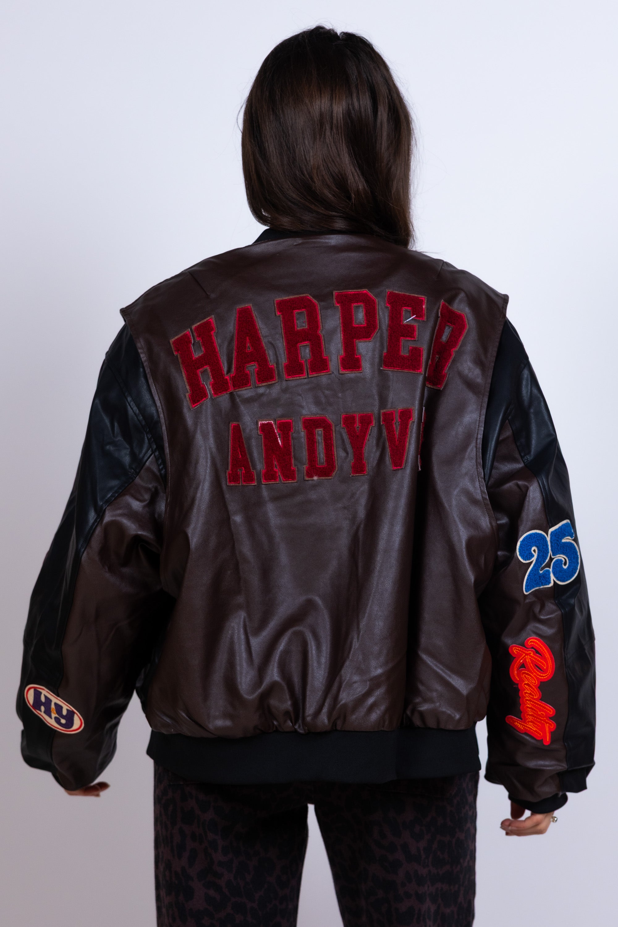 Leren bomberjack met patches - Zwart