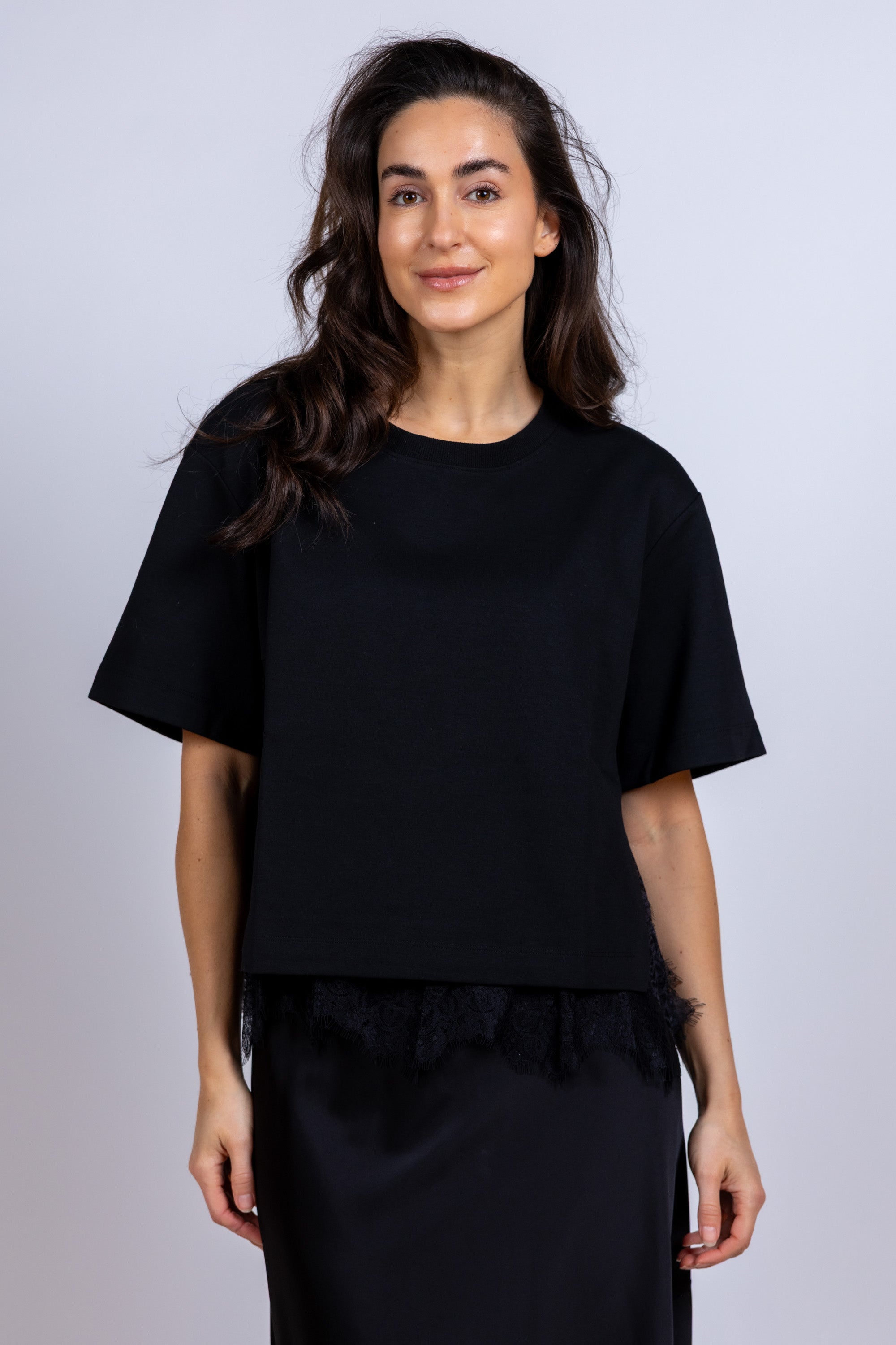 T-shirt met kant - Zwart