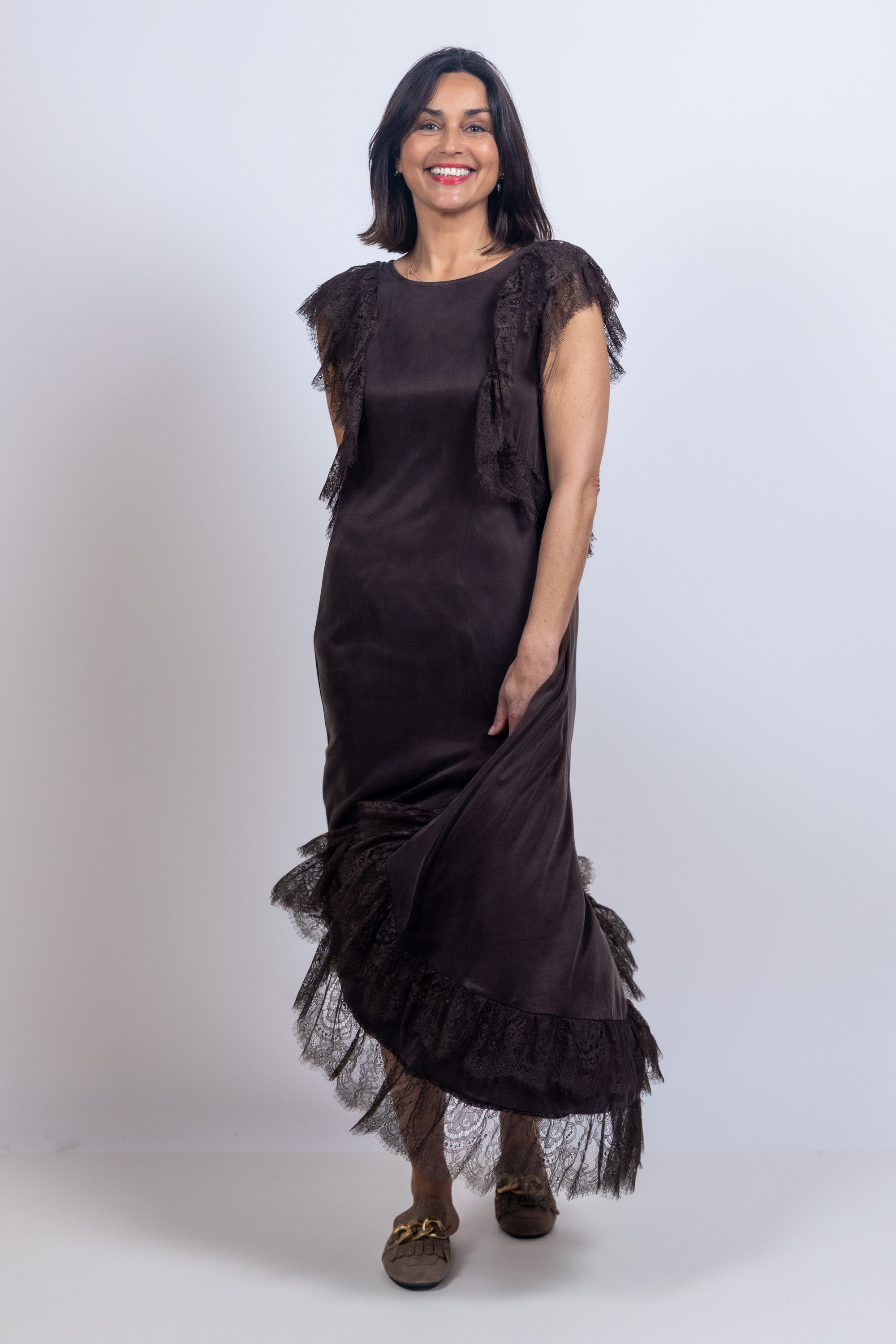 Jurk met kant - Bruin