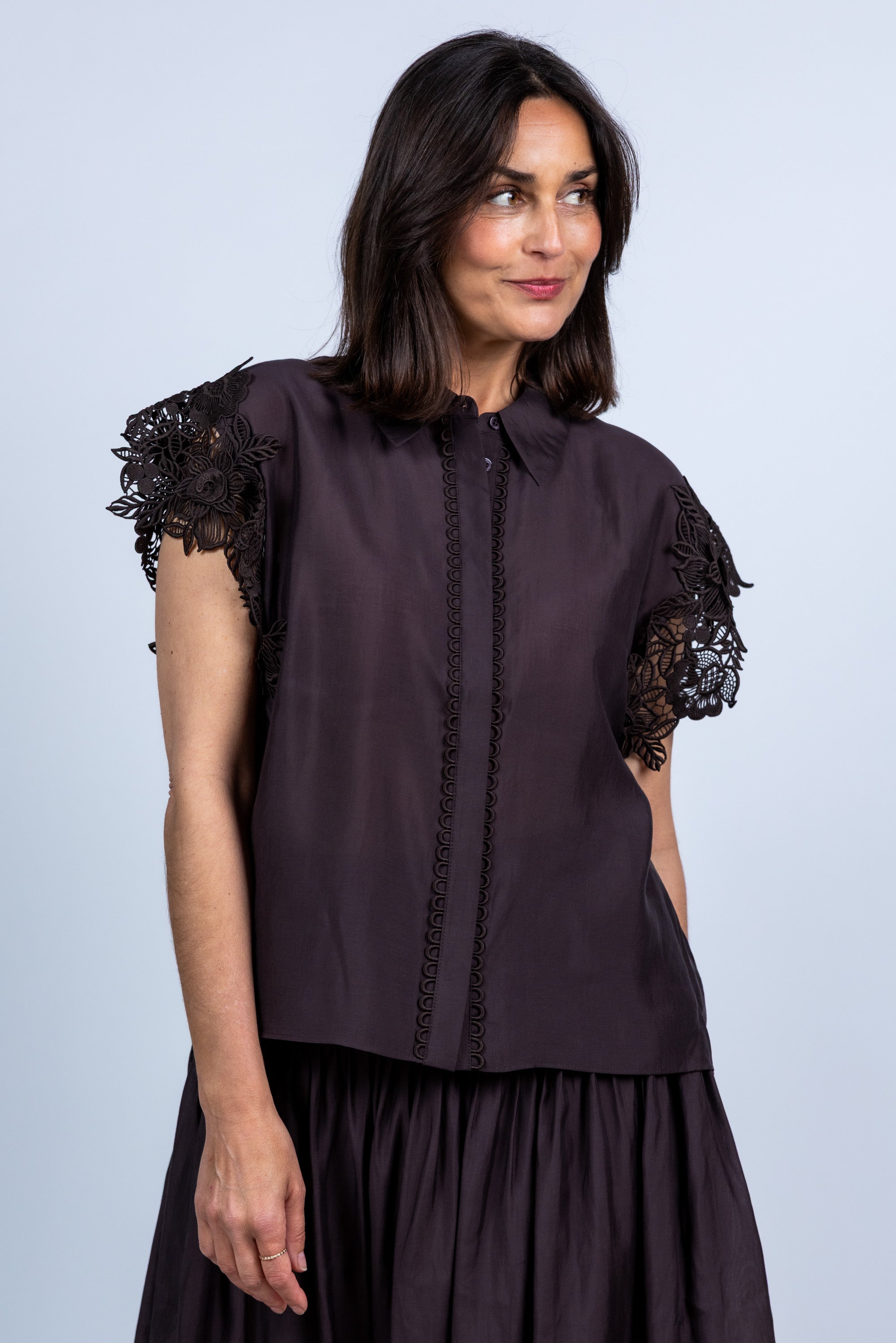 Blouse met kant - Bruin