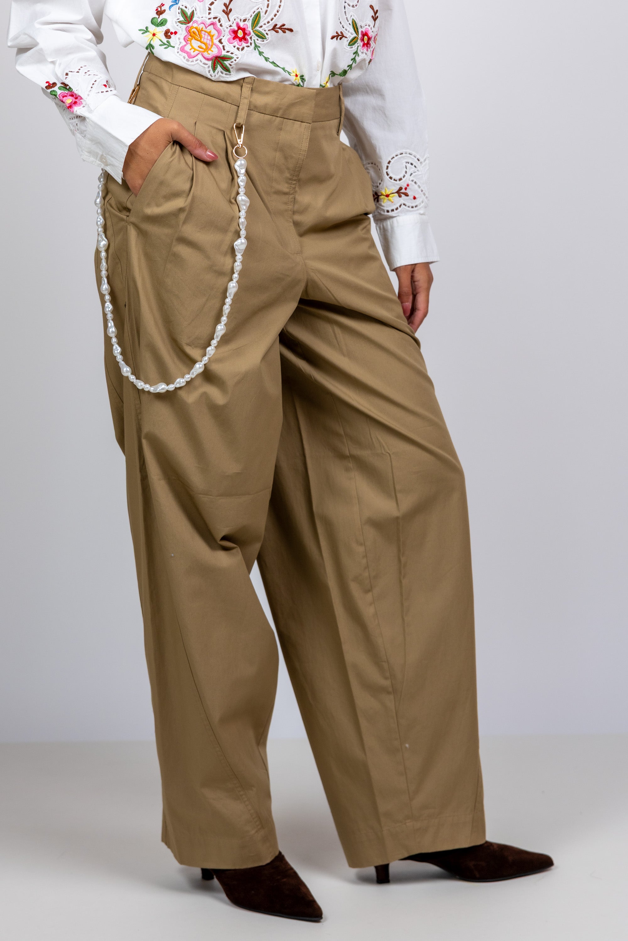 Broek met plooien - Camel