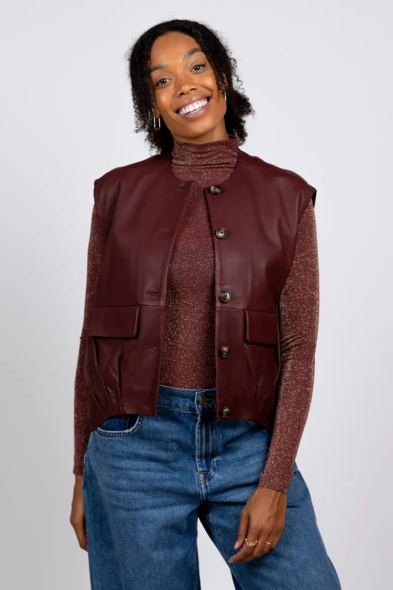 STUDIO AR STUDIO AR DANIELA Leer gilet - Donkerbordeaux