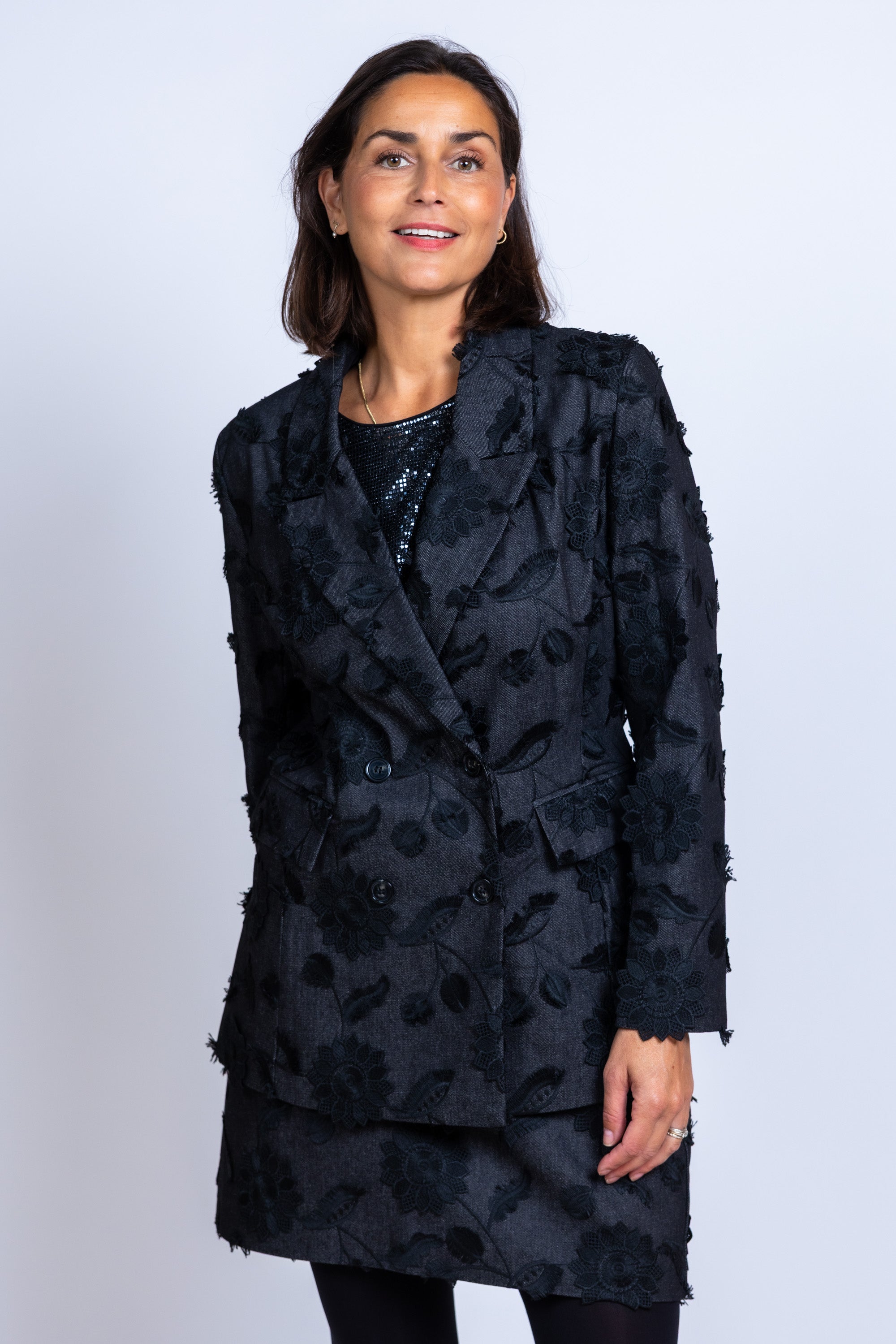Blazer met bloemen - Black denim