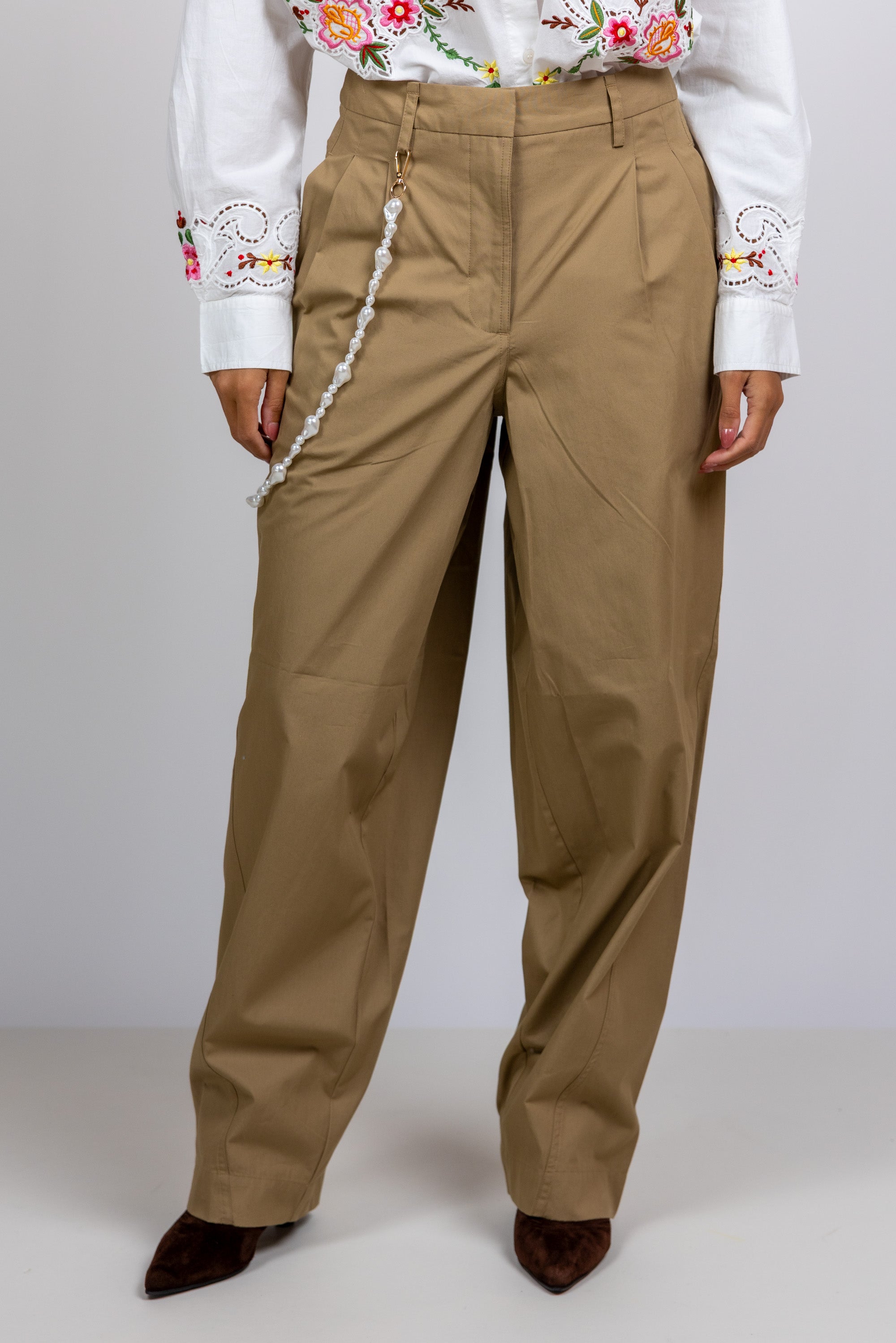 Broek met plooien - Camel