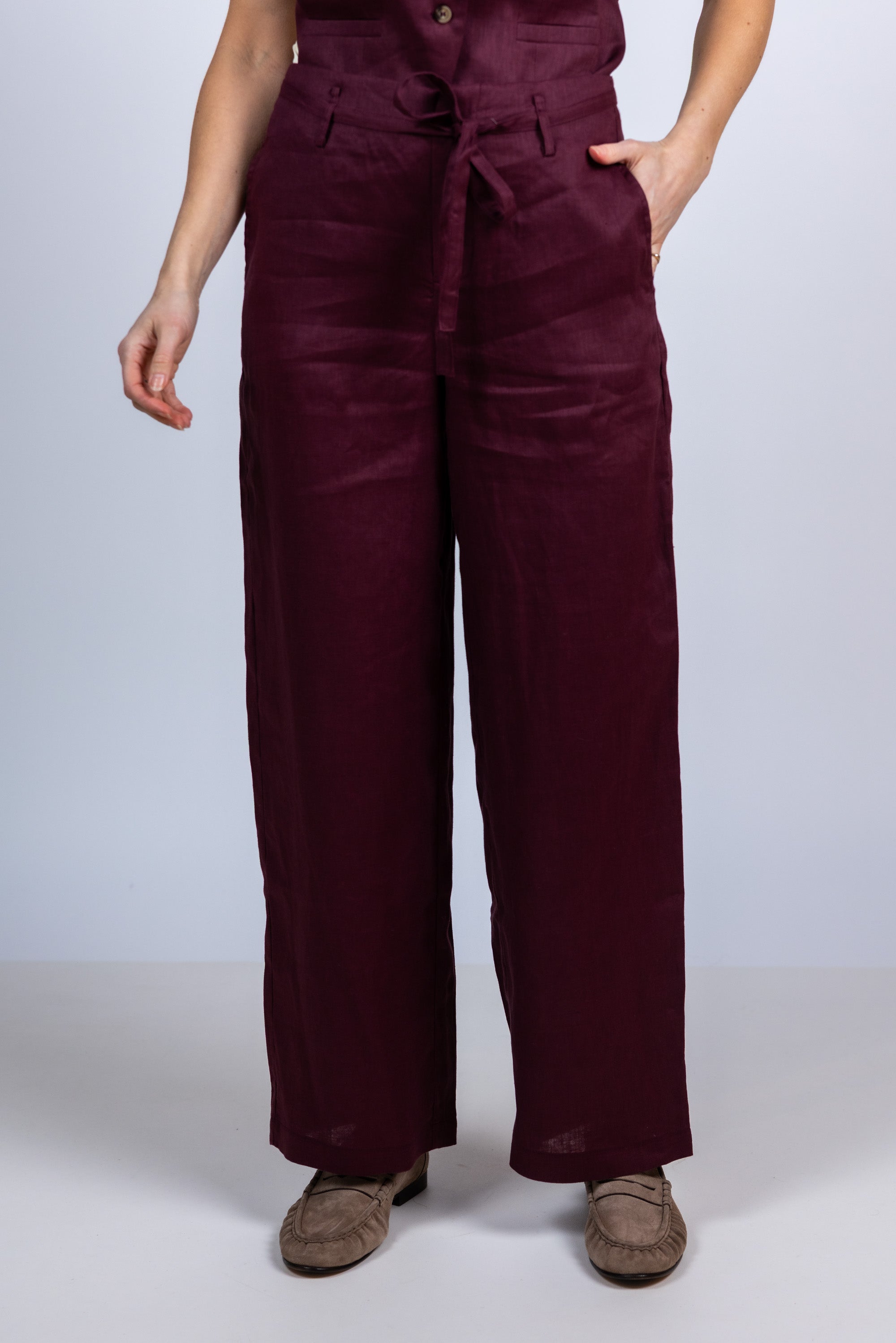 Wijde broek met ceintuur - Burgundy