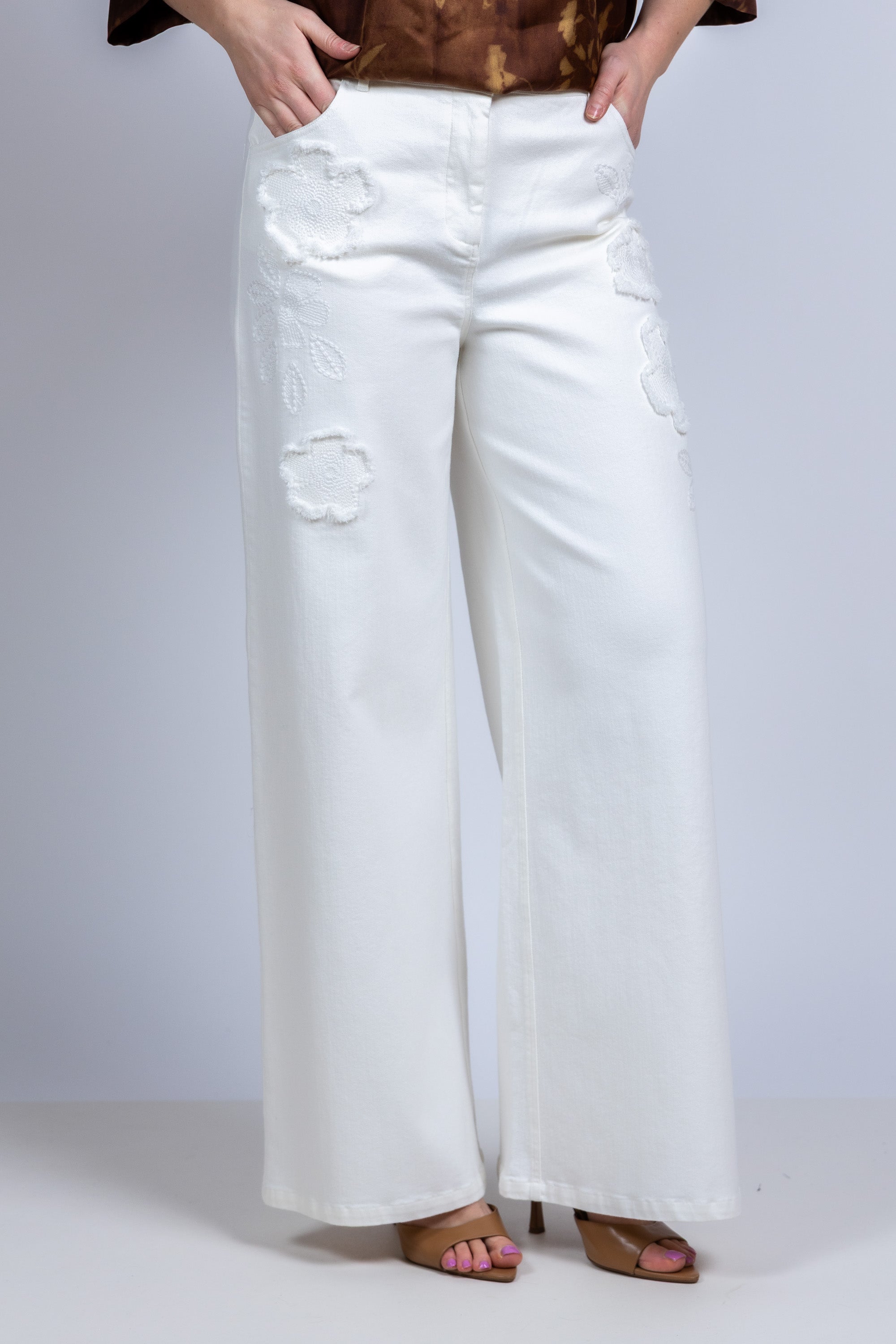 Wijde broek met bloemen - Ecru