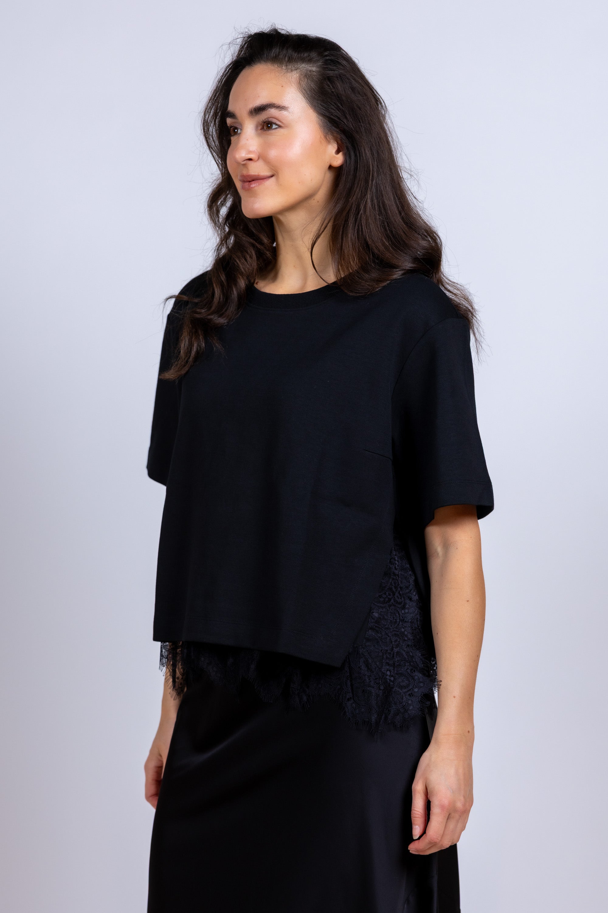 T-shirt met kant - Zwart