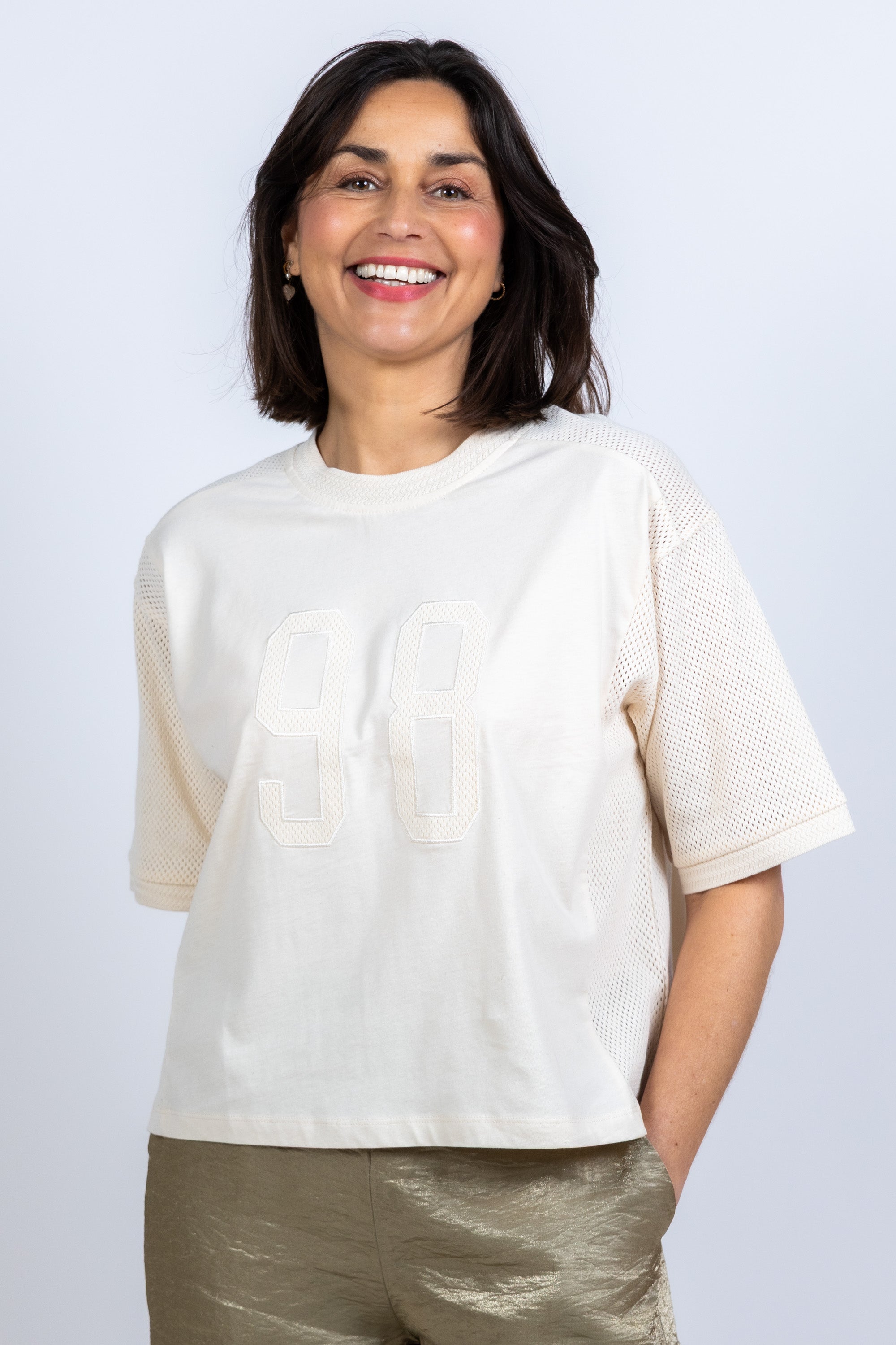 T-shirt met mesh - Ecru