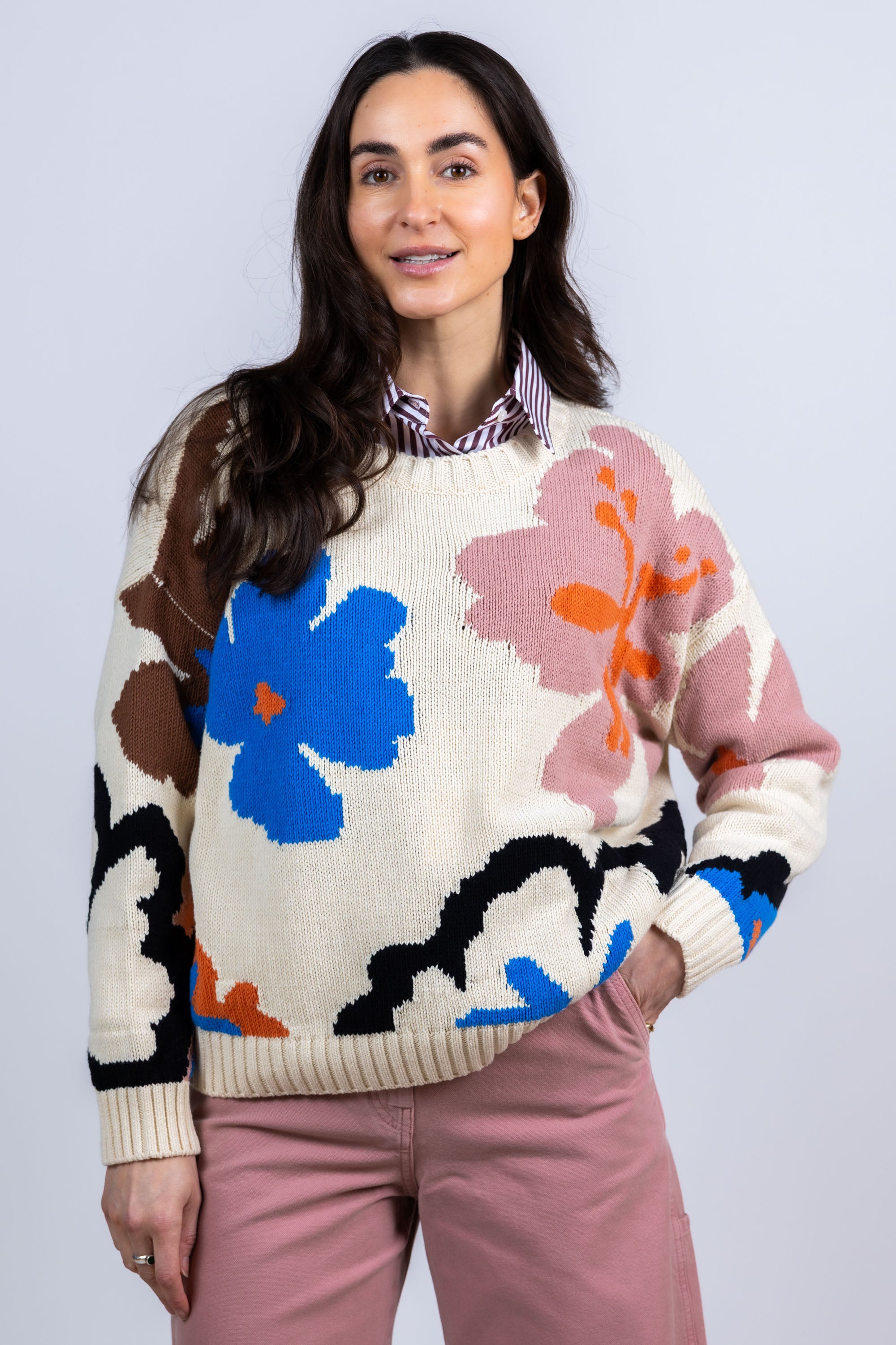 Trui met bloemen - Beige
