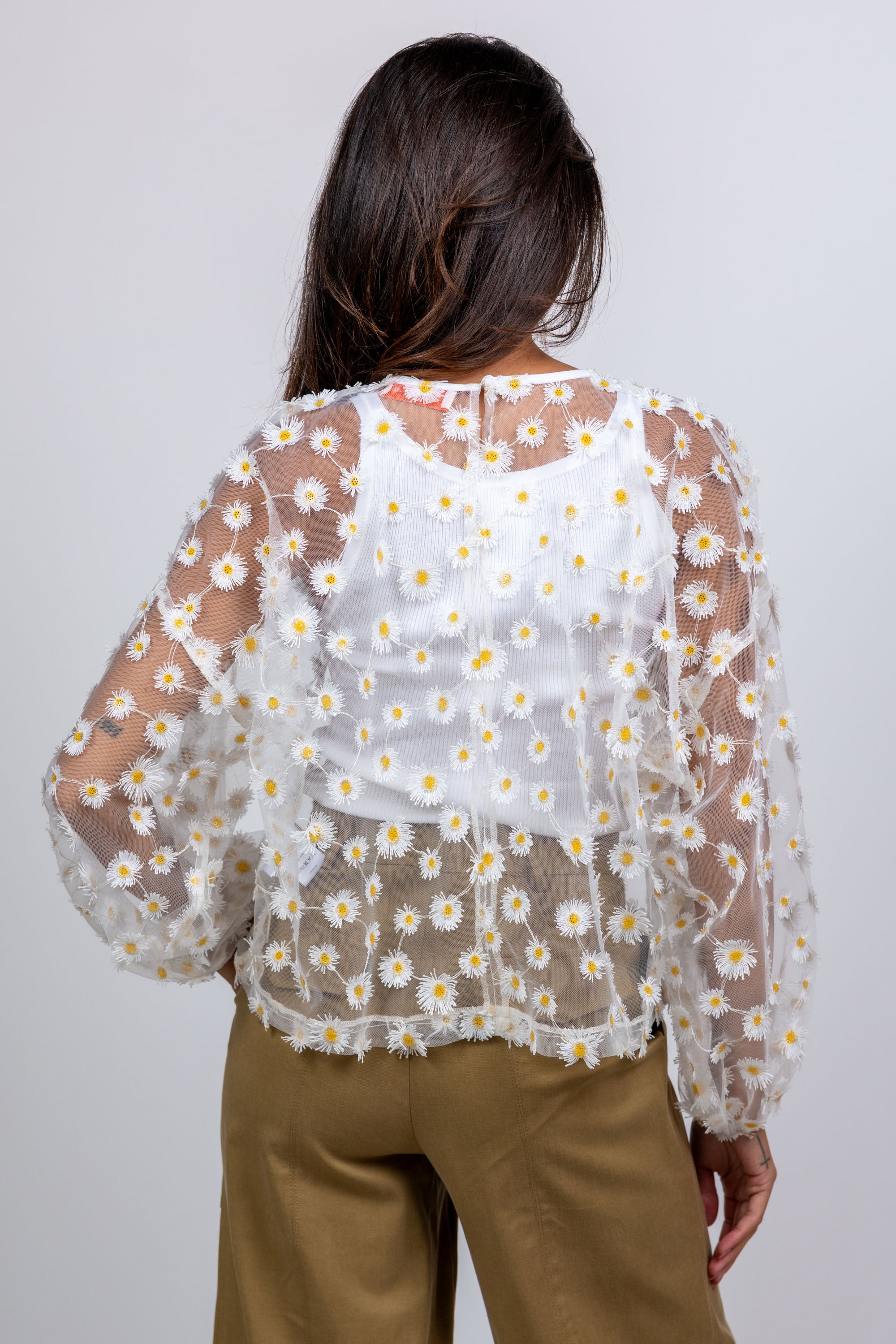 Blouse met geborduurde bloemen - Ecru
