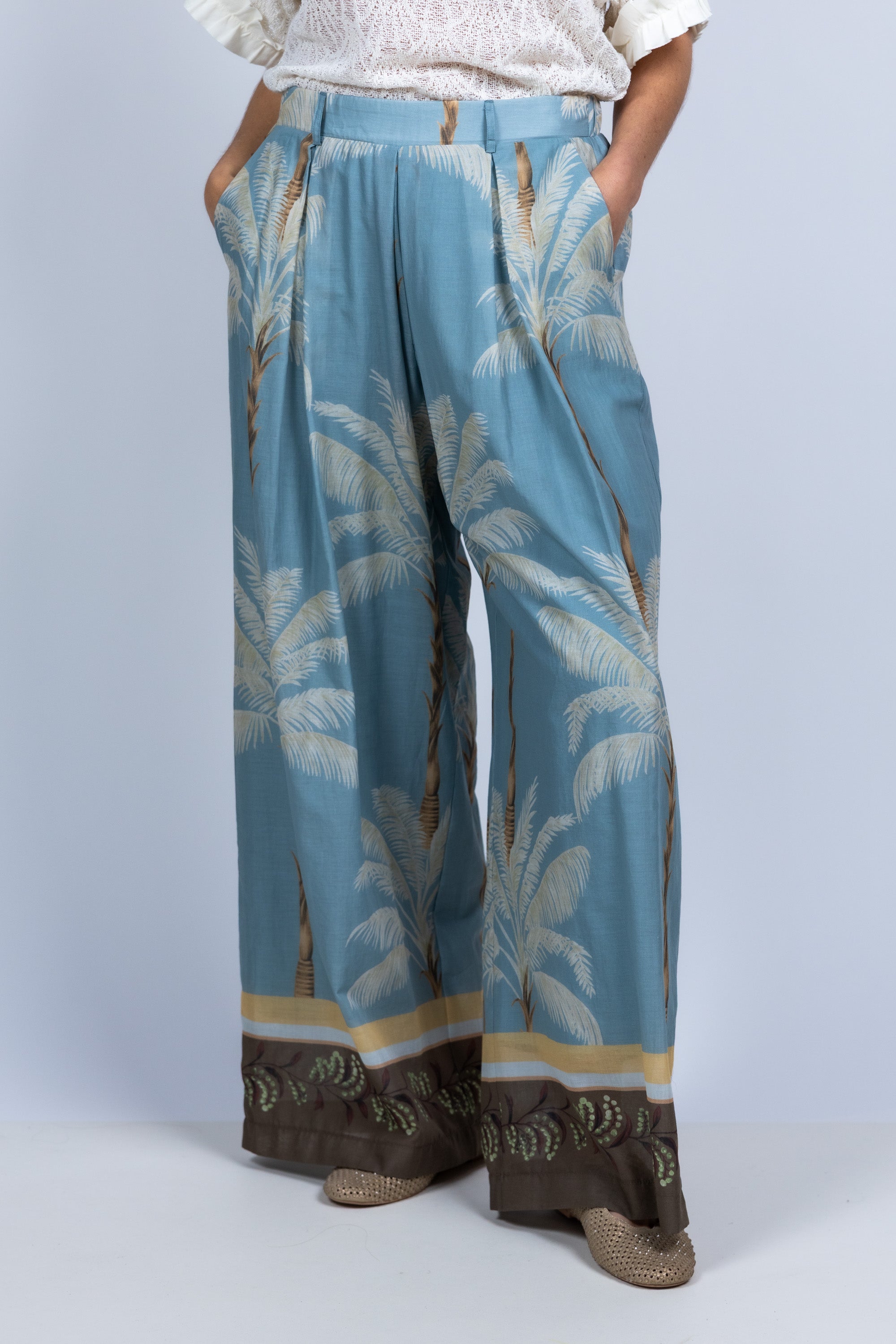 Wijde broek met print - Bleu