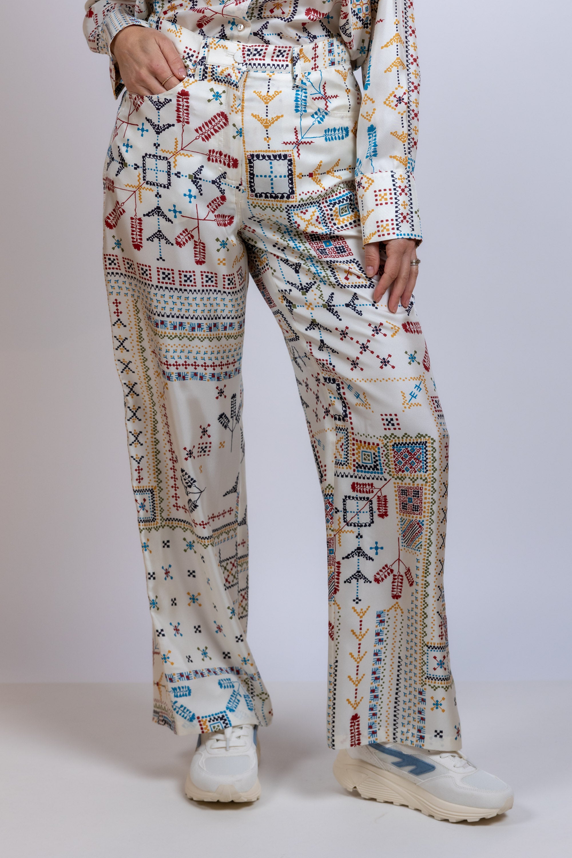 Wijde broek met print - Ecru