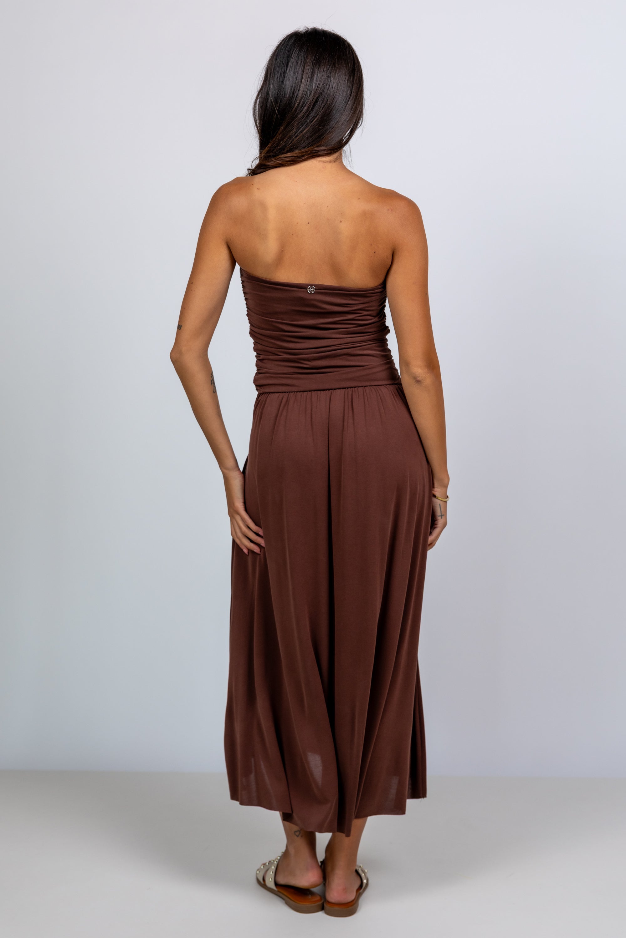 Jurk met strapless top - Bruin