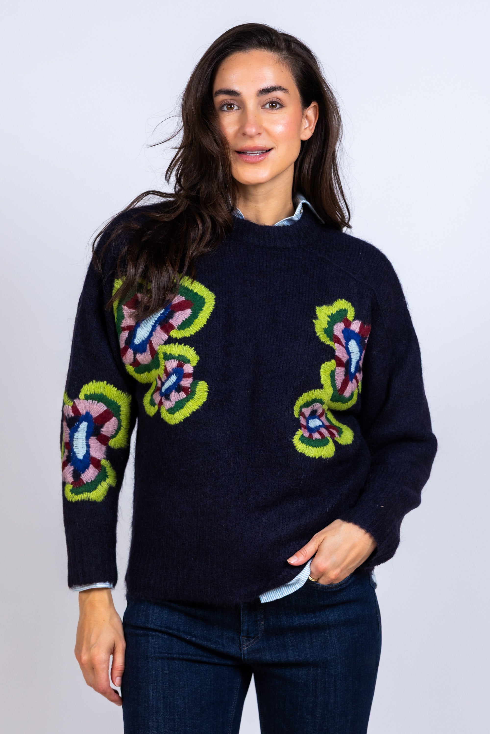 Trui met bloemen - Marine