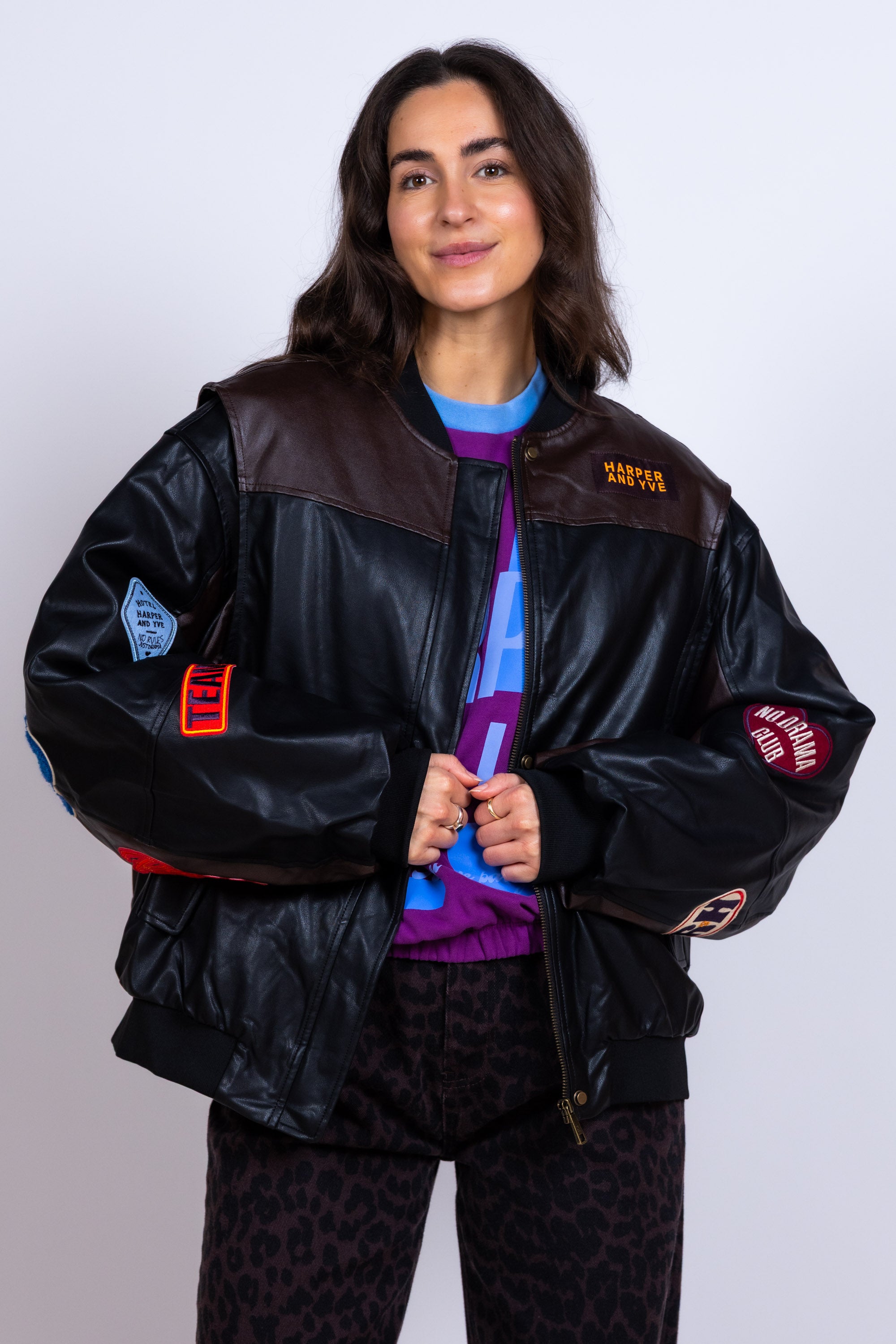 Leren bomberjack met patches - Zwart