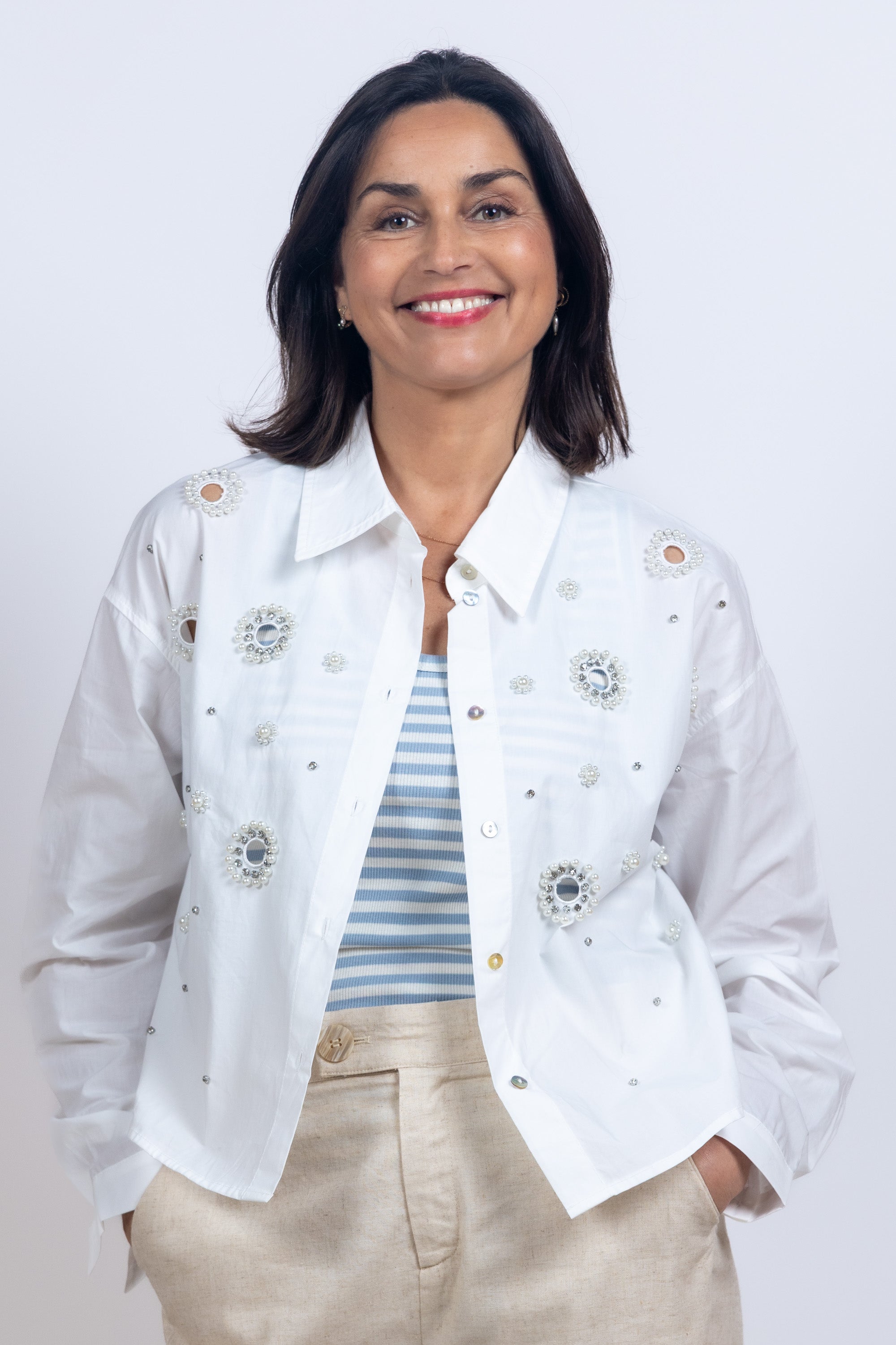 Blouse met kralen - Ecru