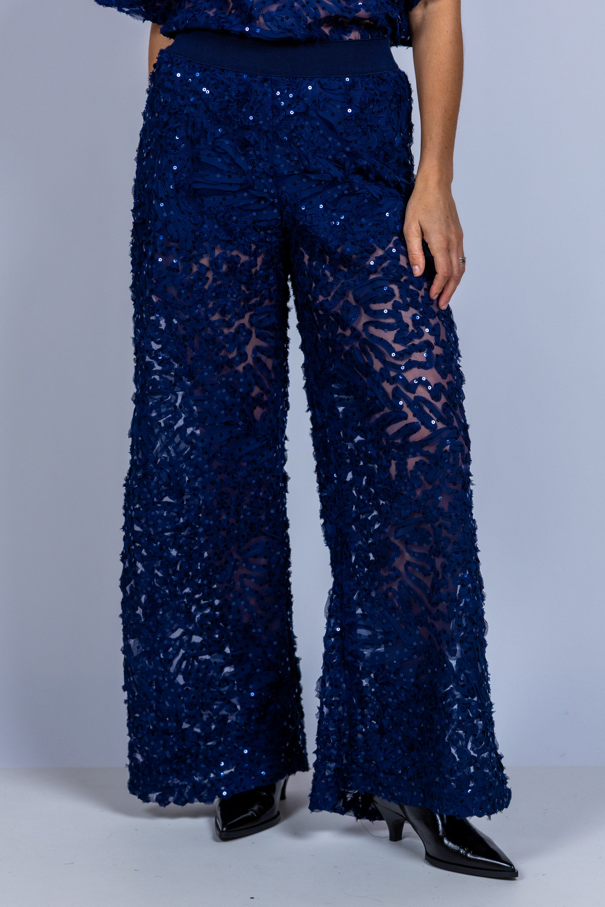 Wijde broek met pailletten - Marine