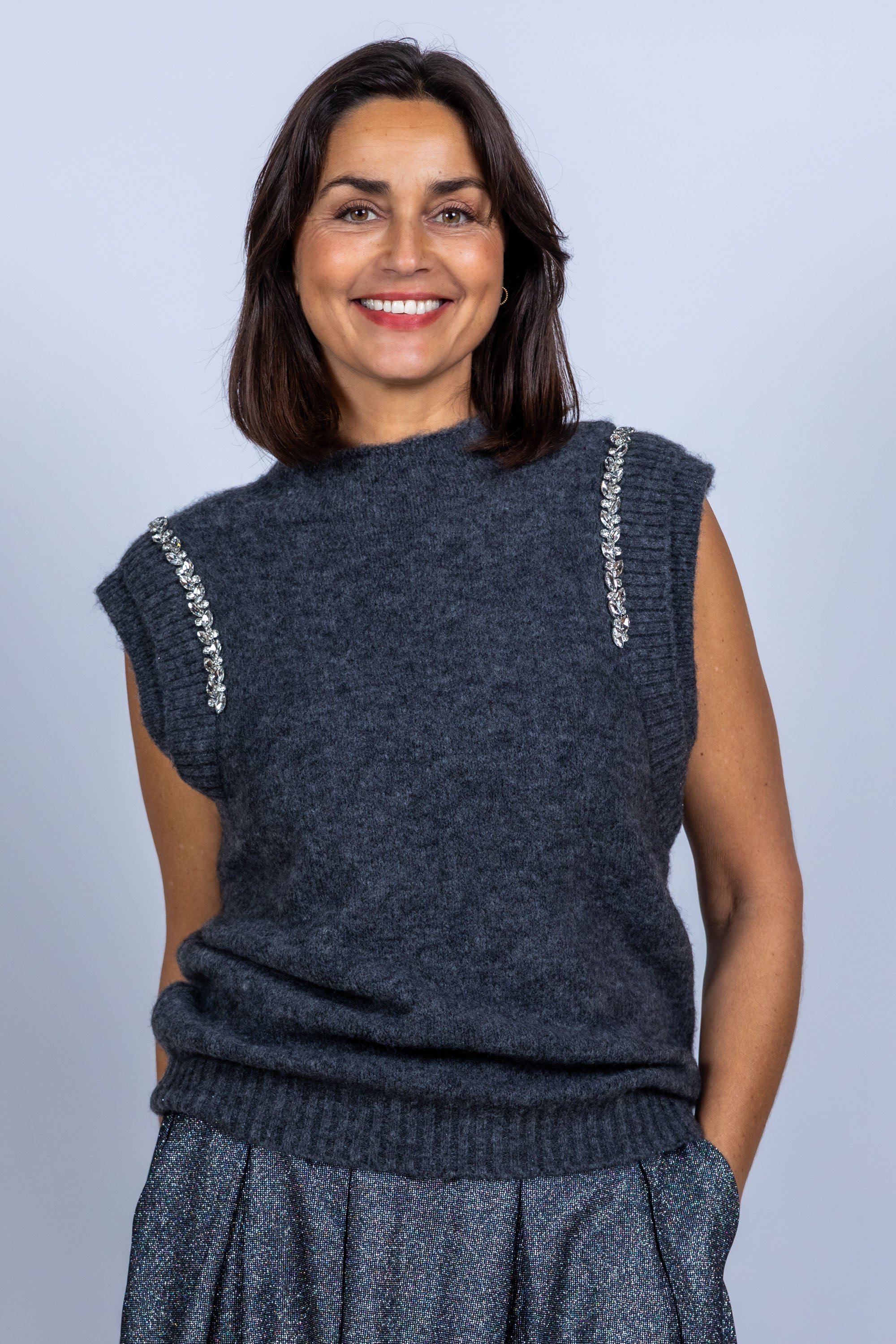 Gebreide mouwloze trui - Antraciet