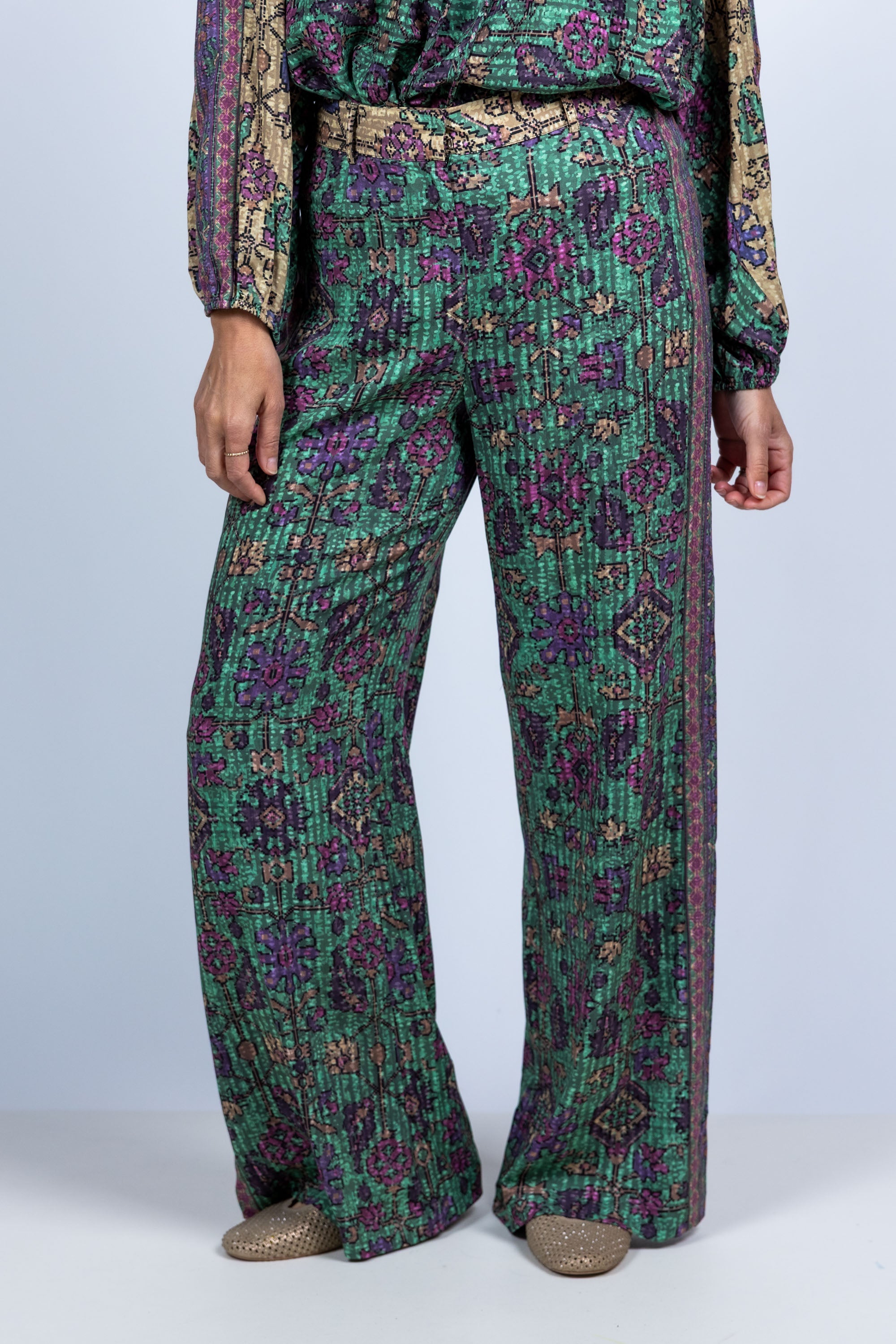 Wijde broek met print - Flessegroen