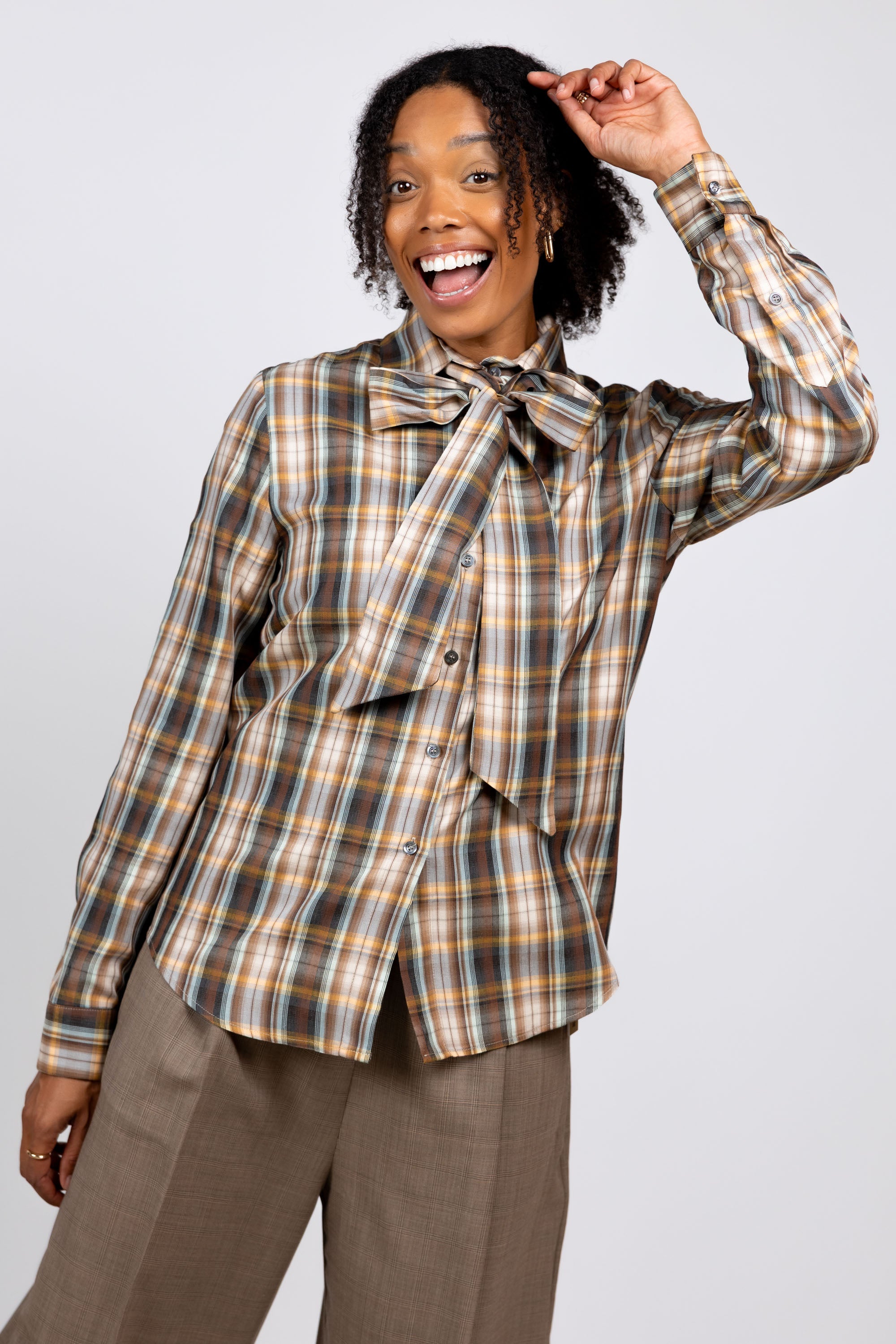 Ruitblouse met strik - Bruin