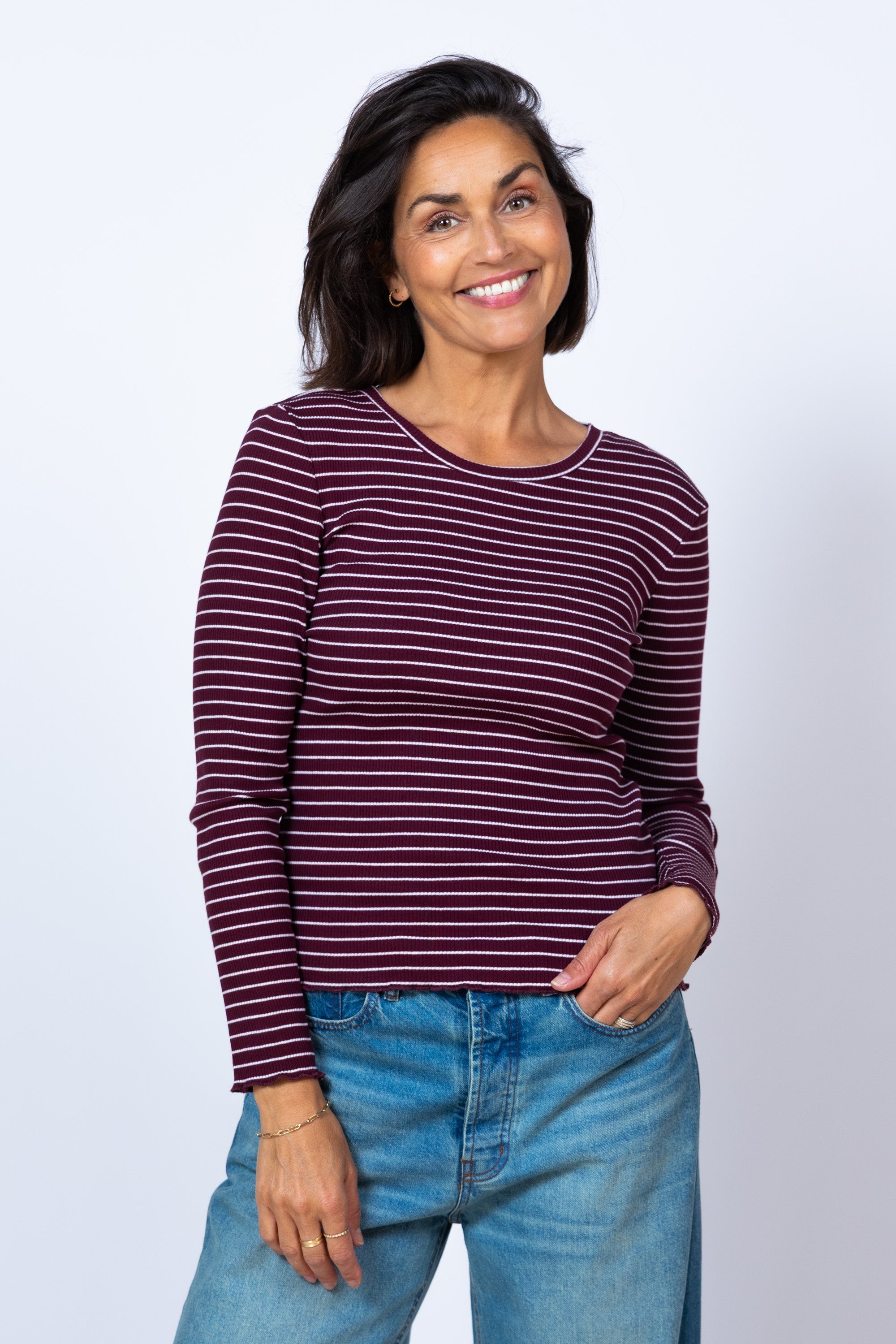 T-shirt met strepen - Donkerbordeaux