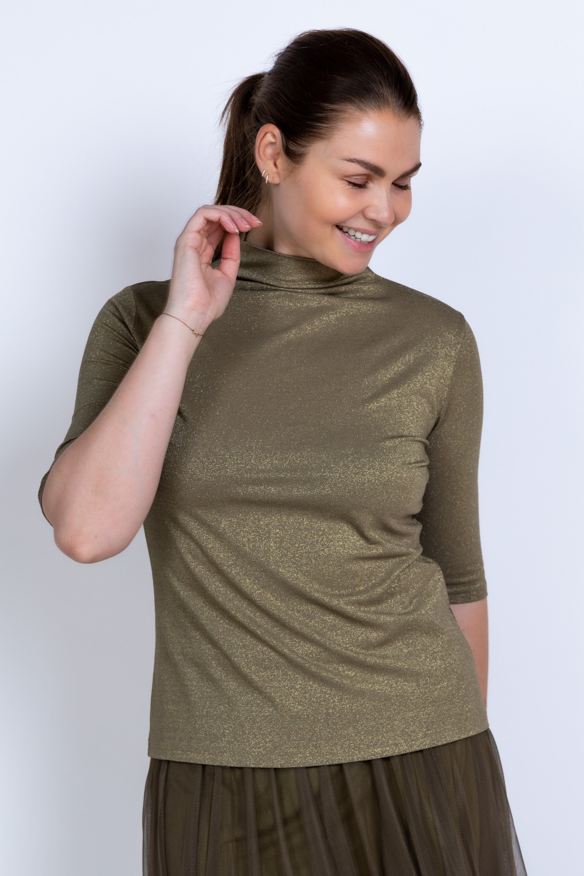T-shirt met col - Olijfgroen