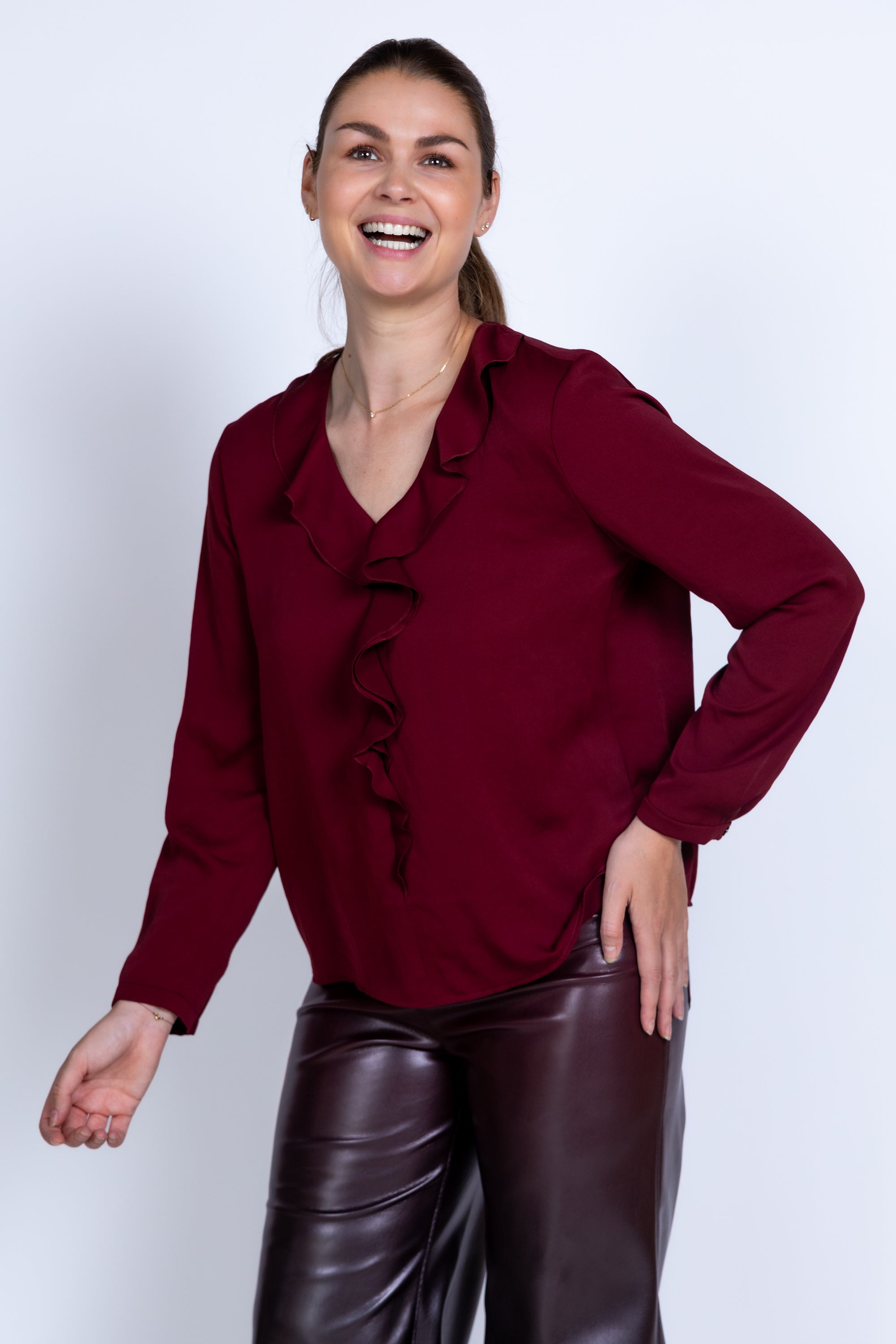 Blouse met ruches - Donkerbordeaux