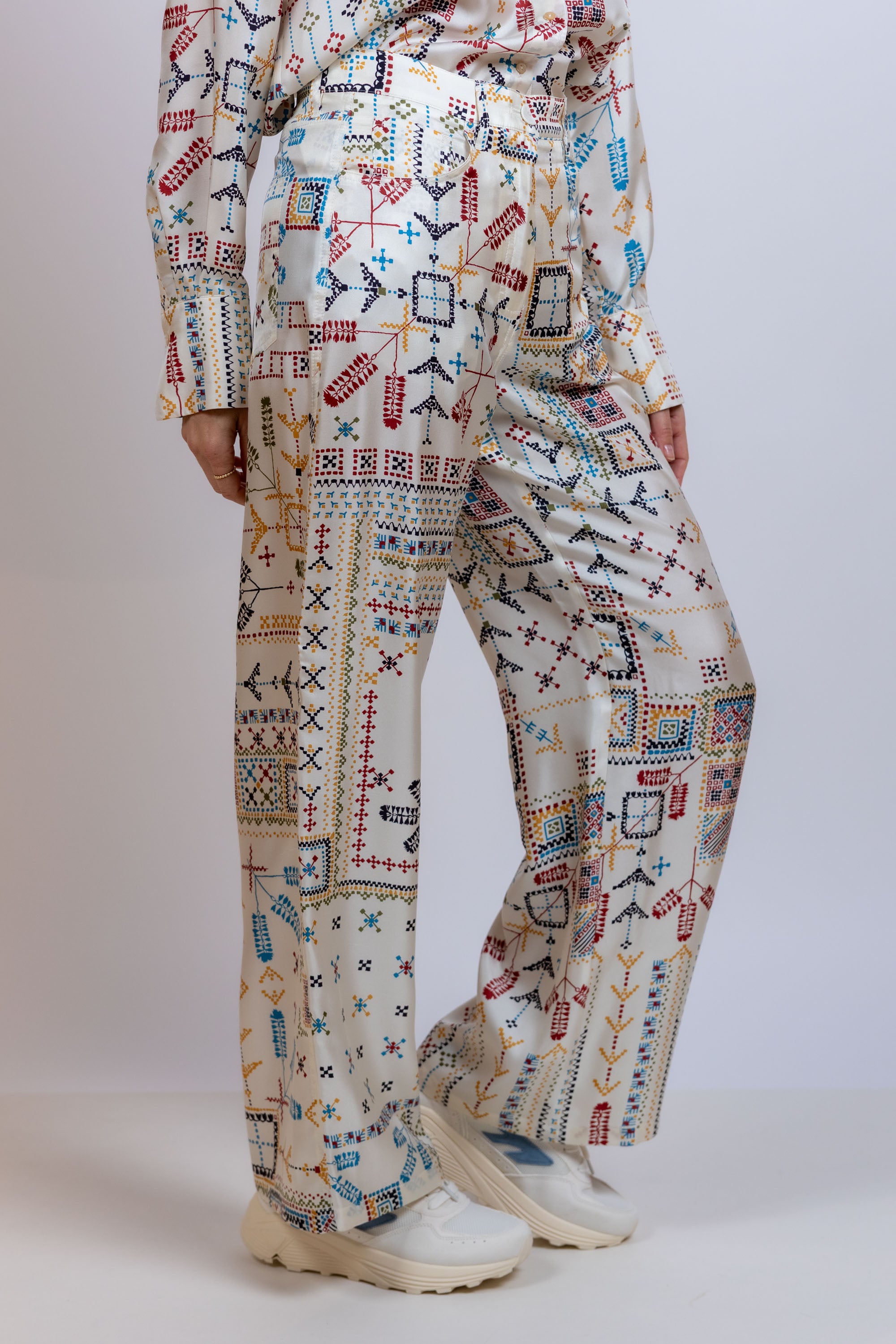 Wijde broek met print - Ecru